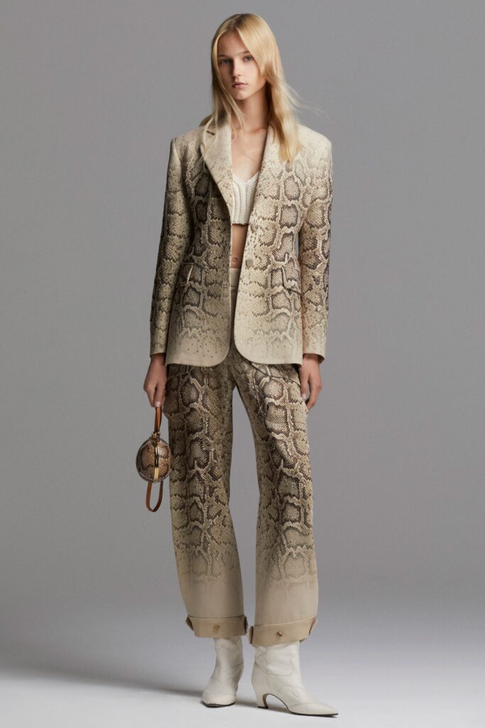 A fitted beige printed blazer with matching pants, featuring a stylish collar and long sleeves.
