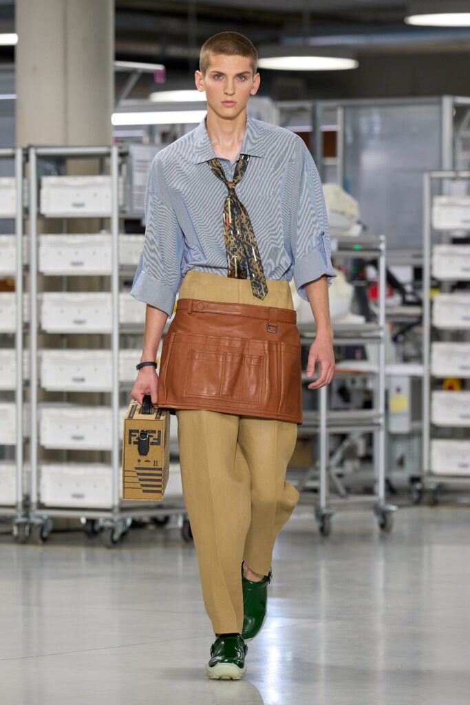 A relaxed blue striped long-sleeve shirt paired with wide-leg beige pants.