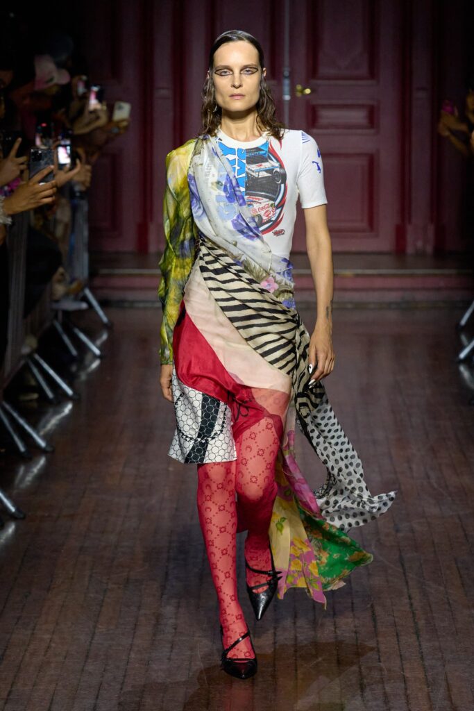 A fitted multicolor dress with a short-sleeve design and layered details.