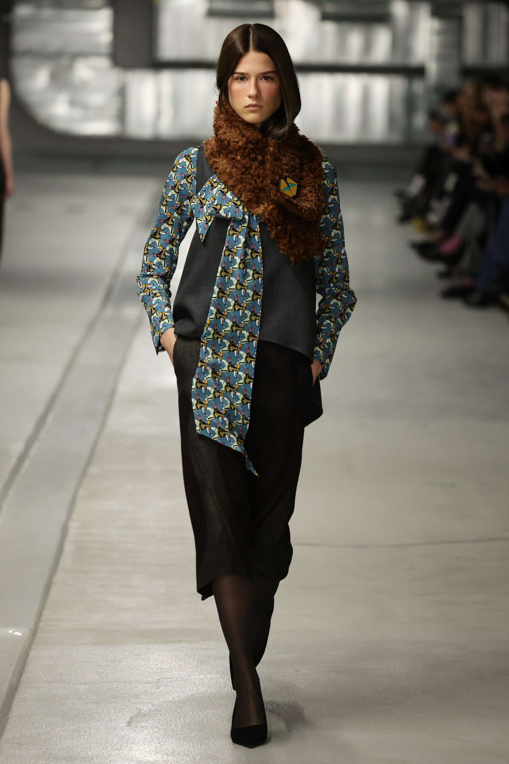 blue printed blouse with black skirt