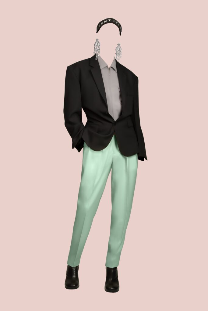 A tailored black blazer paired with mint straight-leg pants and a collared shirt.