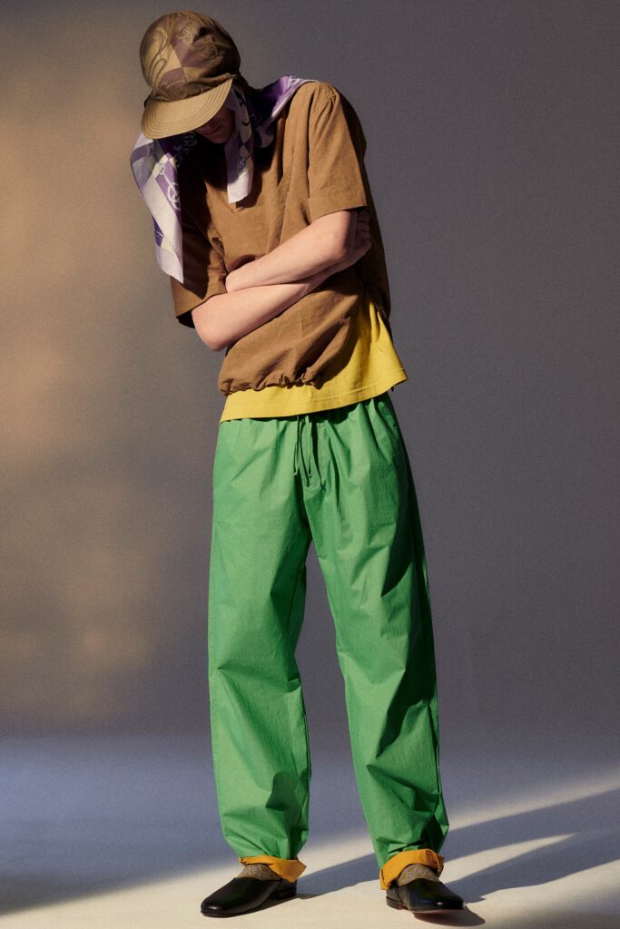 brown and yellow relaxed tops with green pants