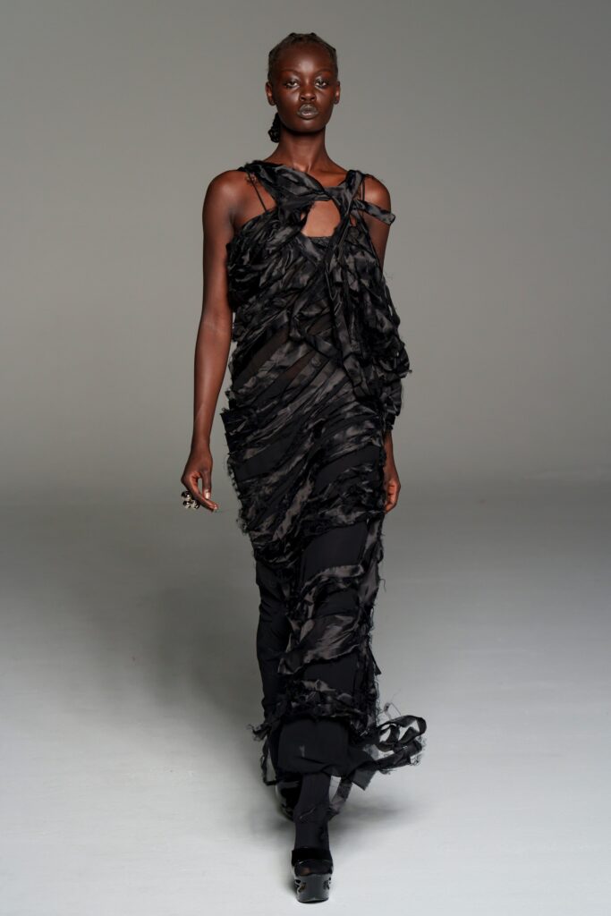 black silk draped midi dress