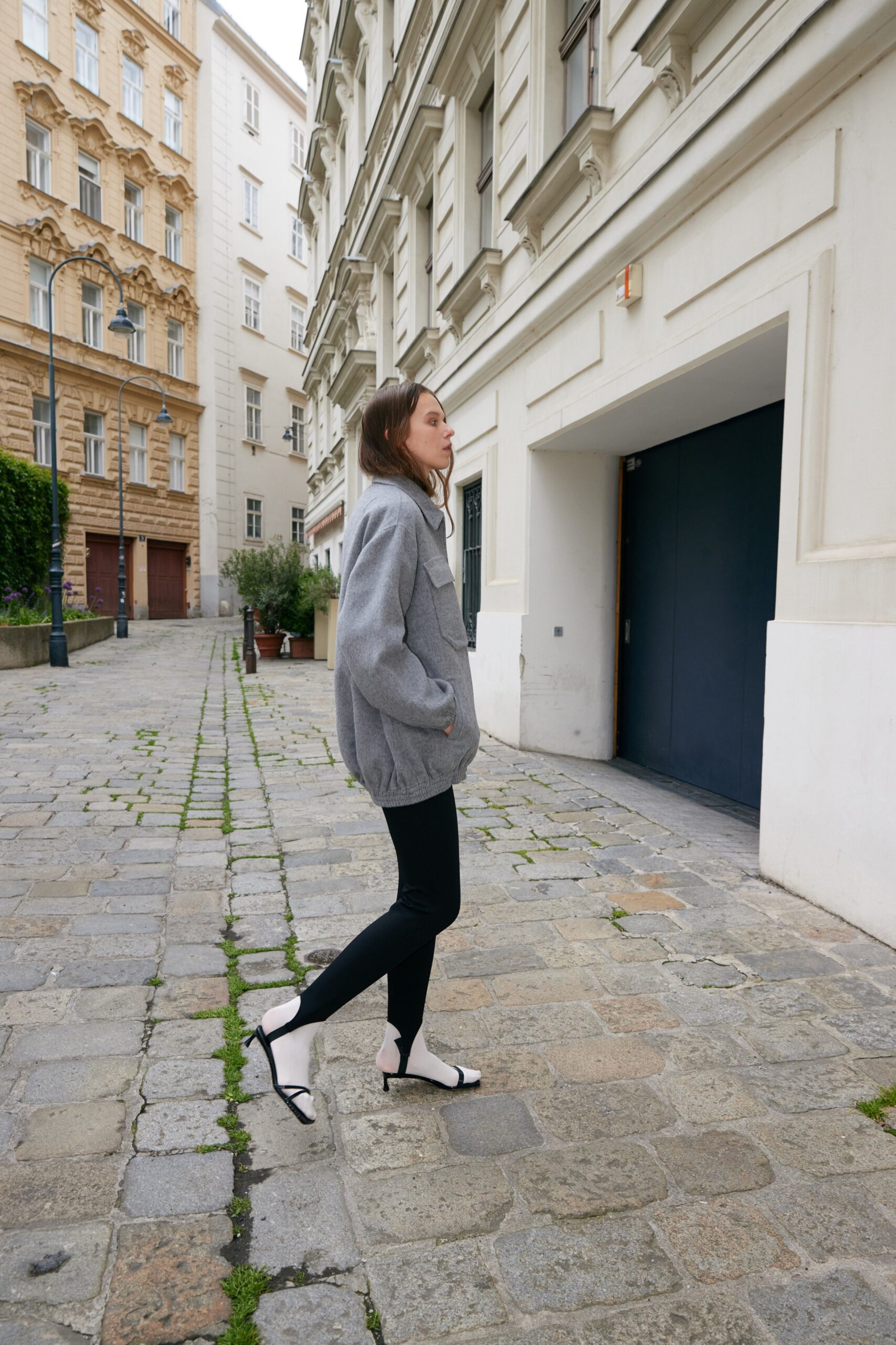 gray wool relaxed jacket with black pants