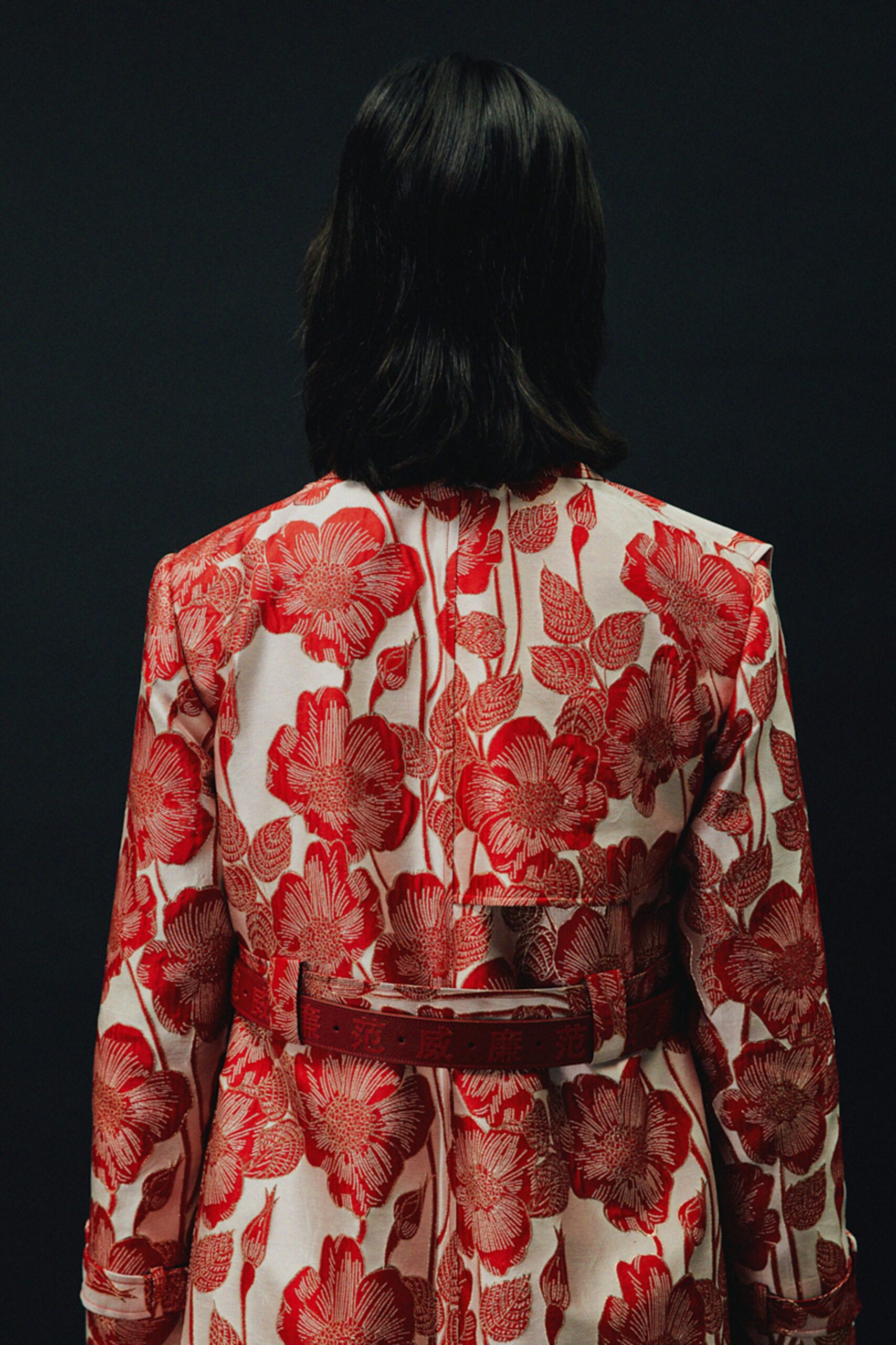 red floral silk tailored coat