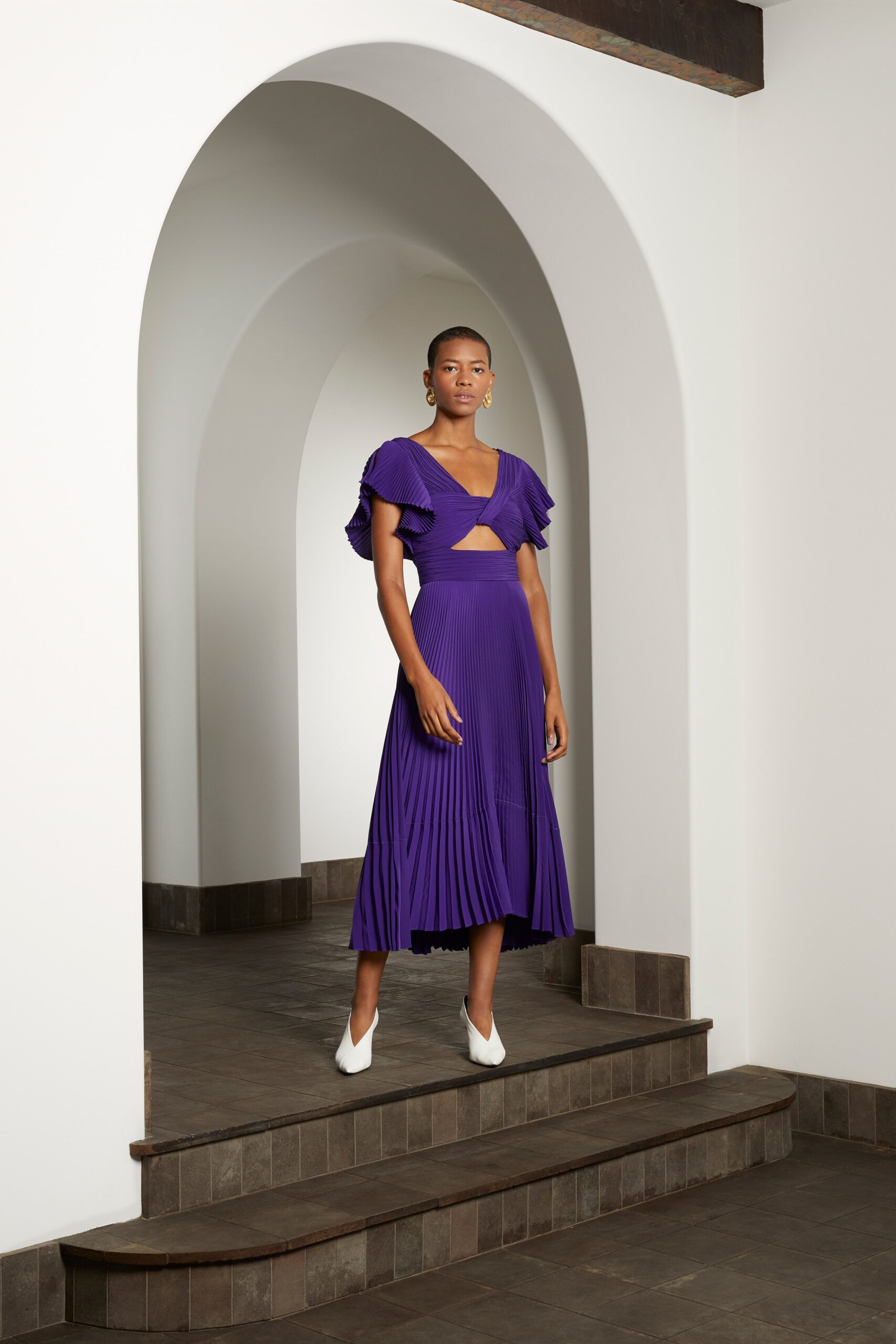 fitted purple pleated dress
