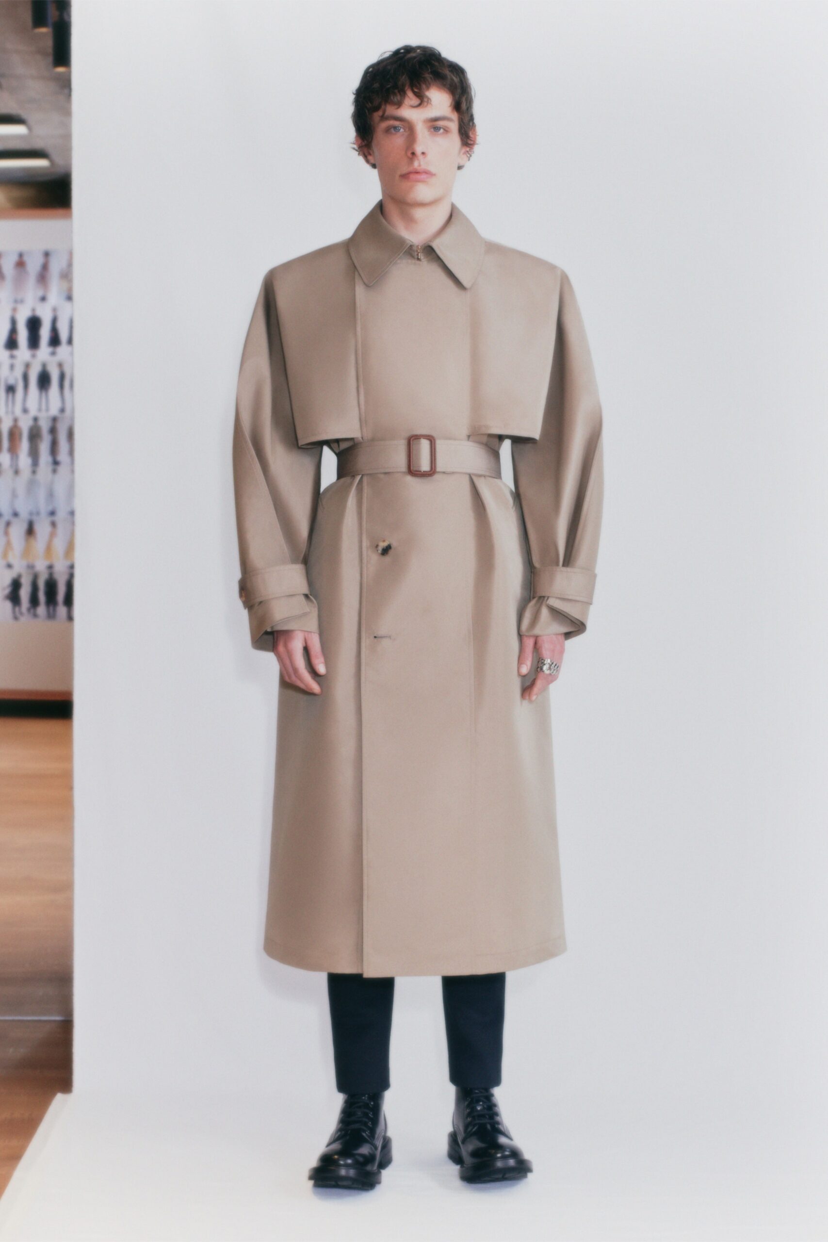beige cotton long-sleeve collared structured belted midi trench