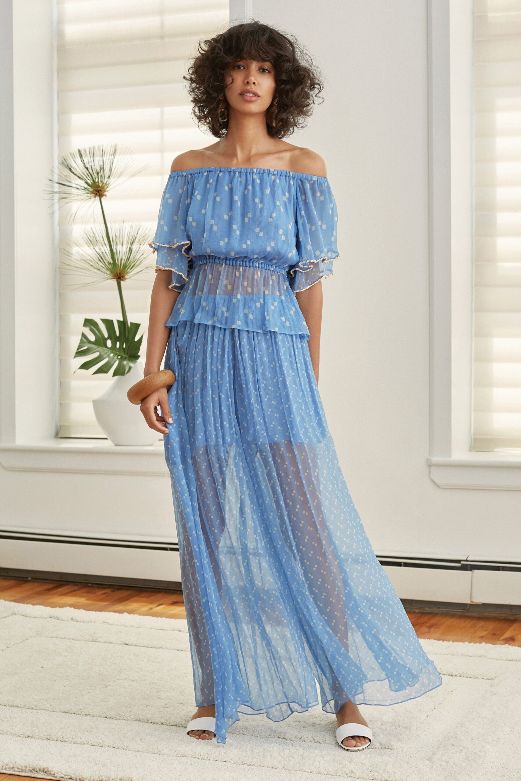 blue off-shoulder maxi dress
