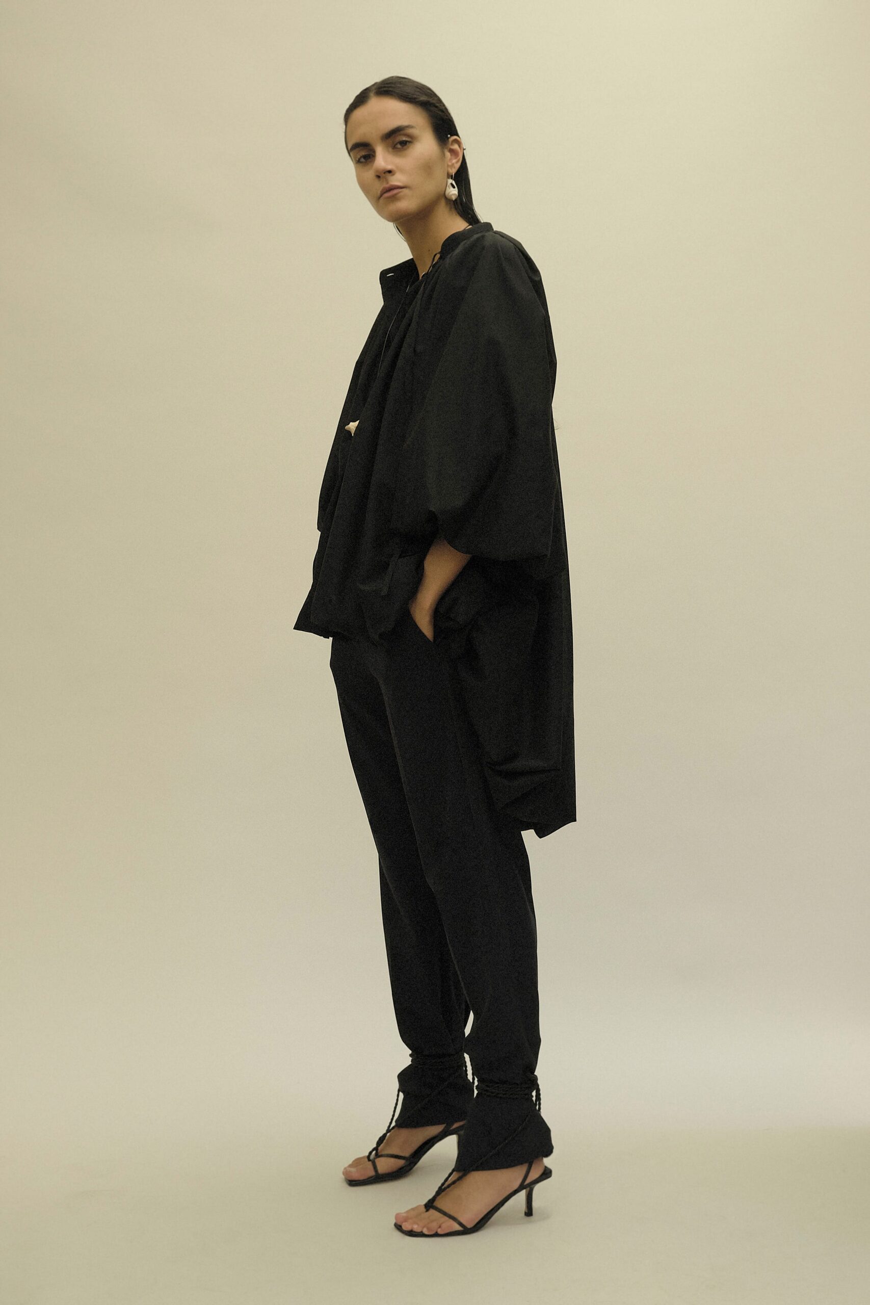 black oversized jacket with relaxed pants