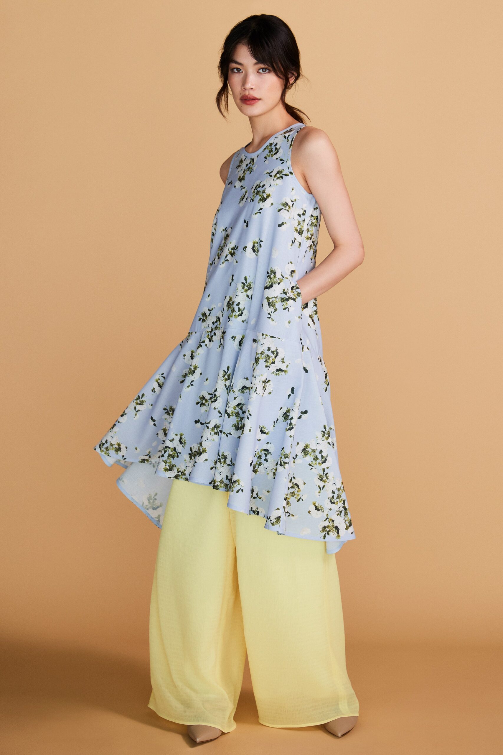 floral midi dress with wide-leg pants