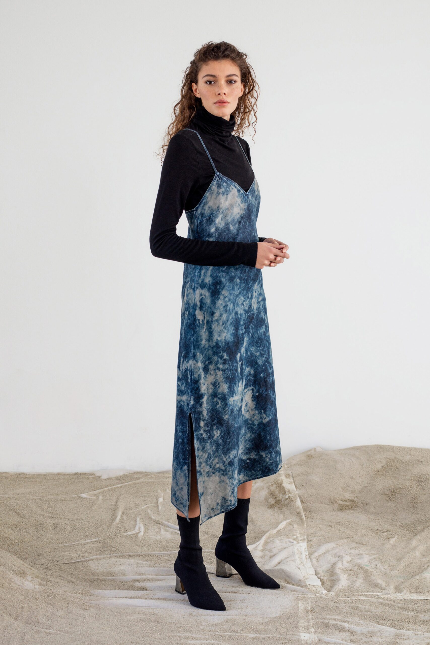blue silk midi dress with black turtleneck