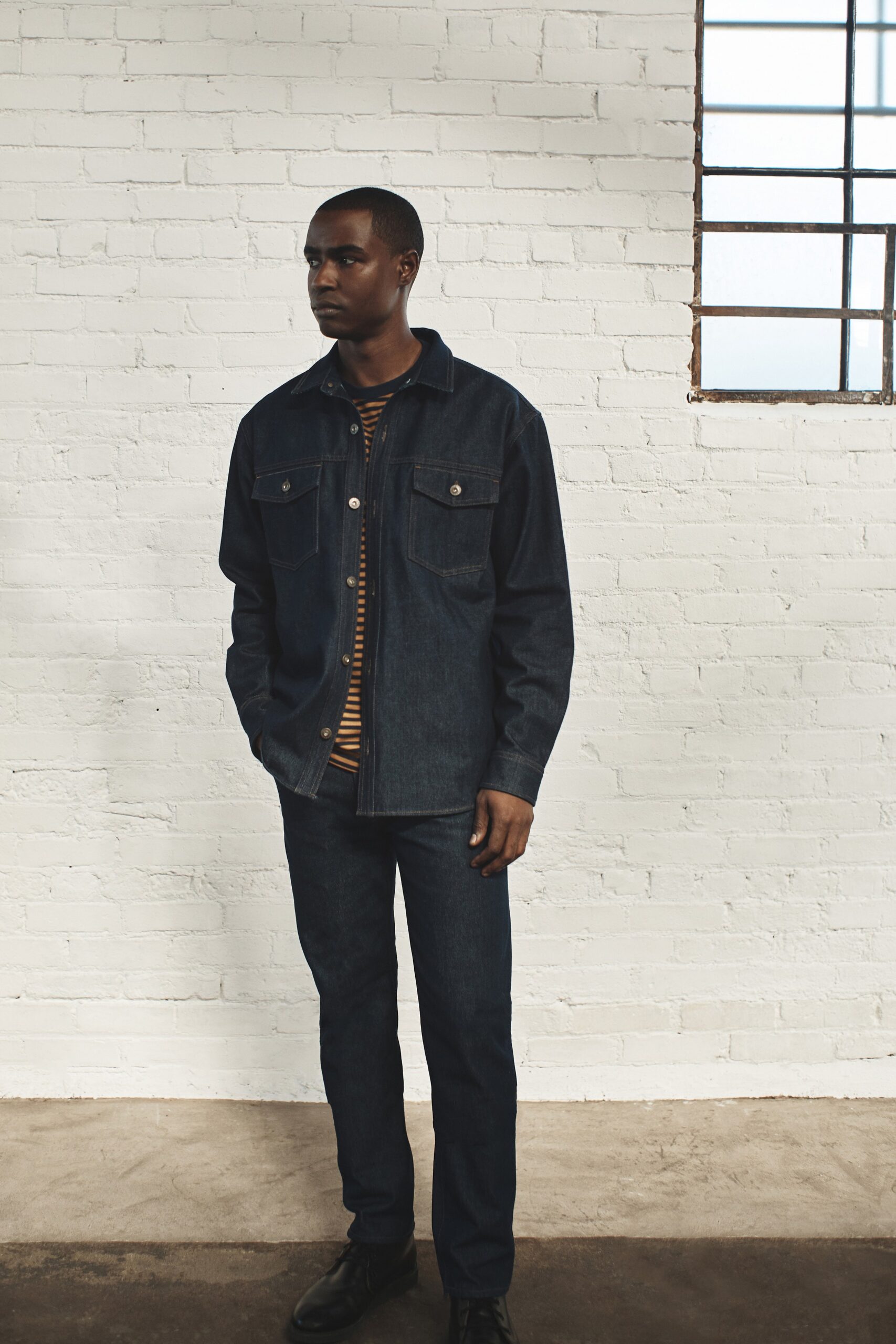 blue denim jacket with slim pants