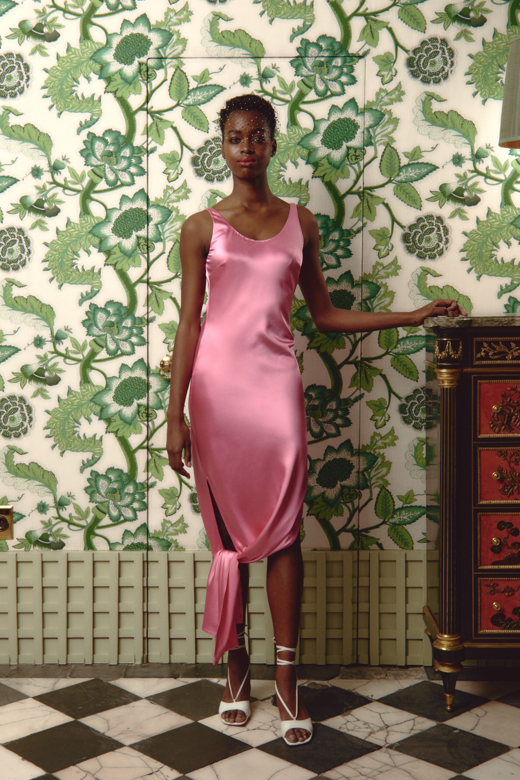 pink silk fitted midi dress