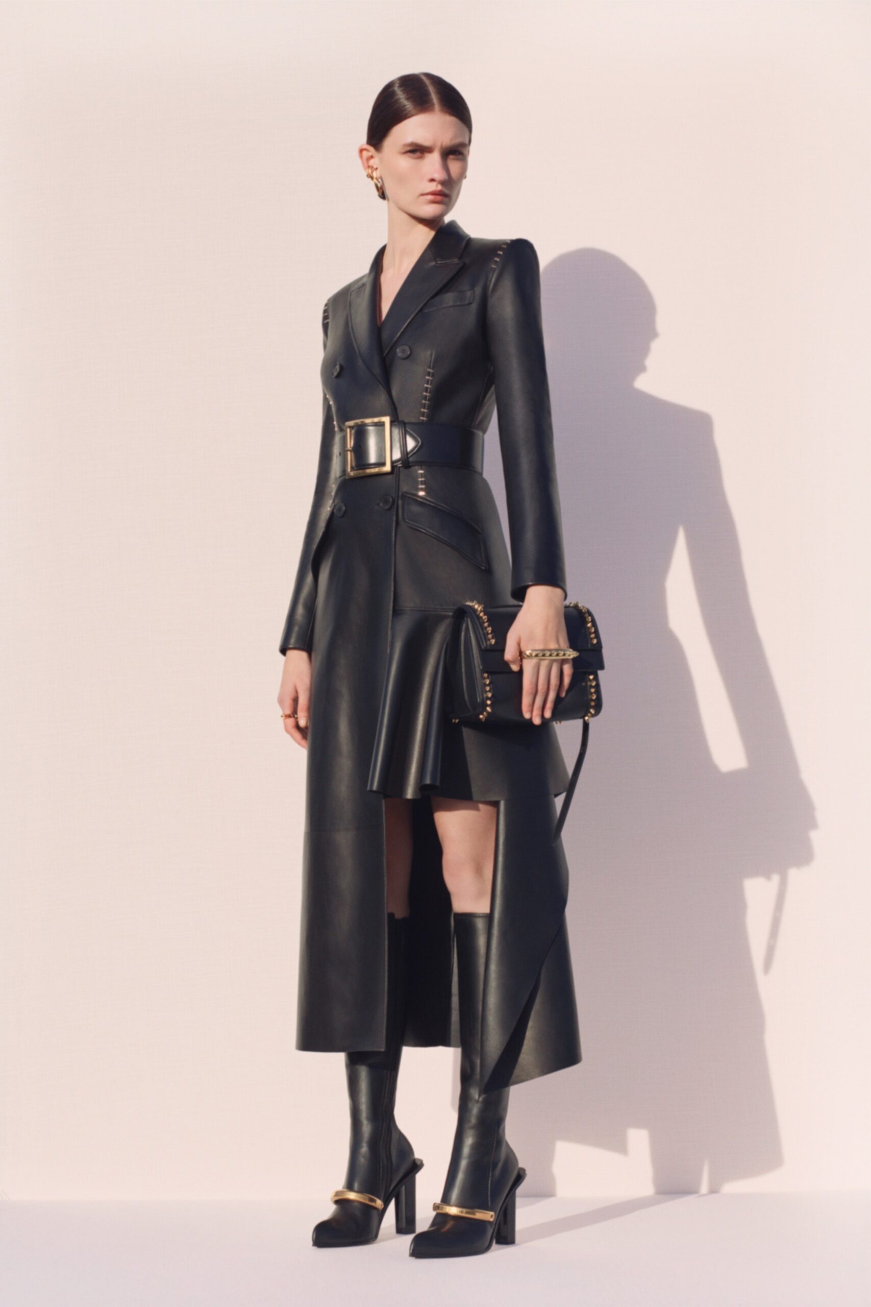 black leather long-sleeve v-neck fitted belted midi dress