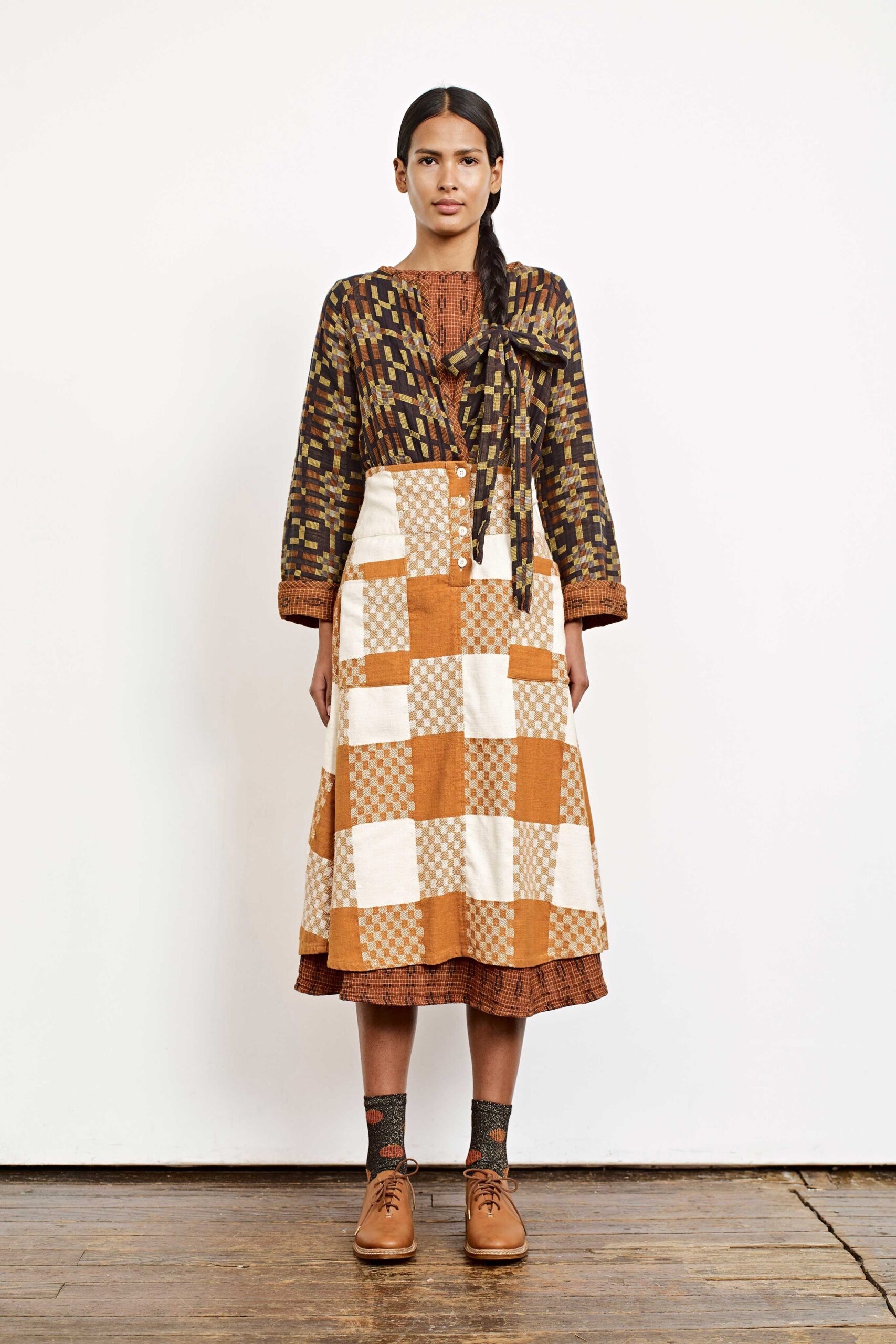 brown multi-patterned blouse and midi skirt
