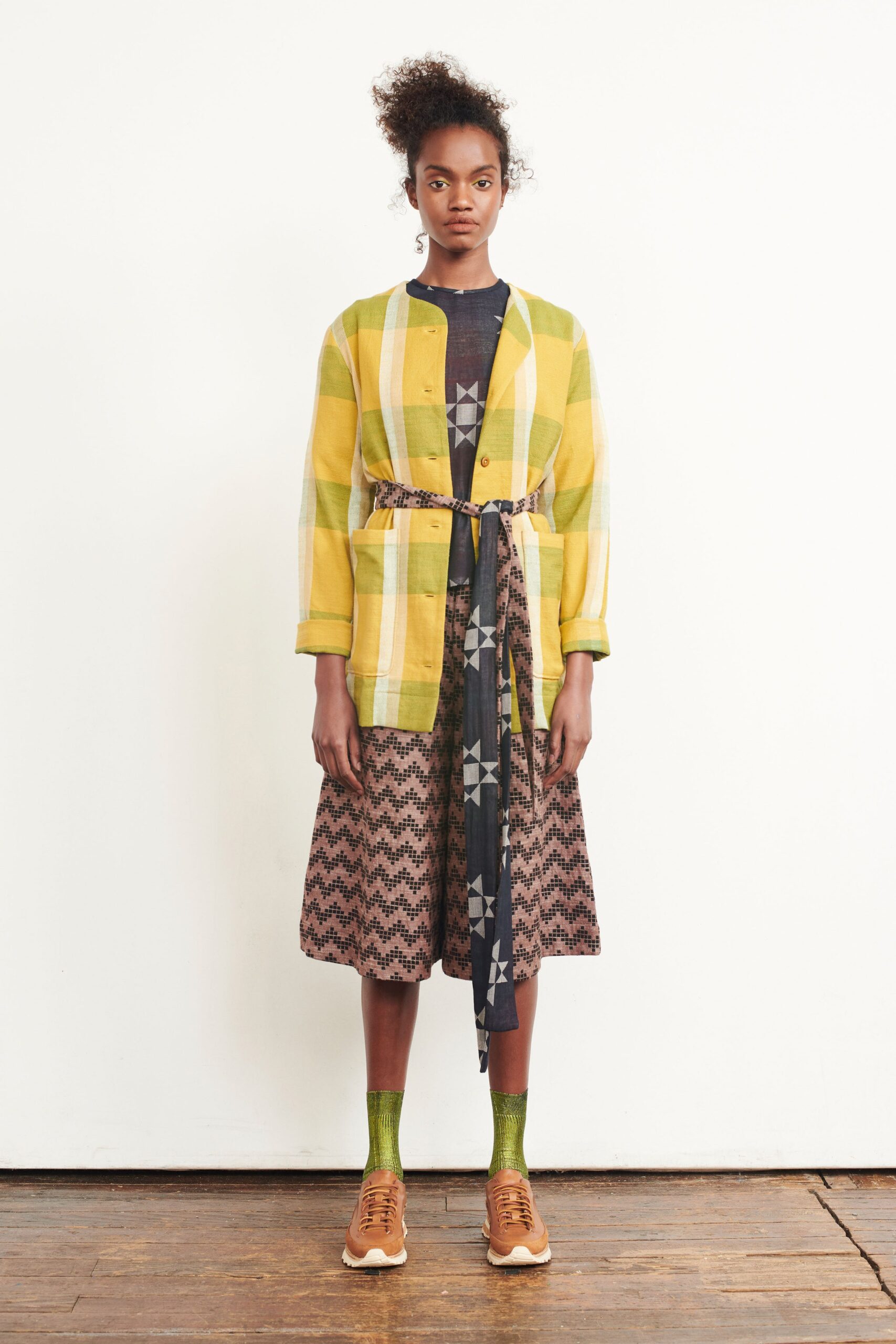 yellow cotton long-sleeve collared relaxed buttoned layered jacket