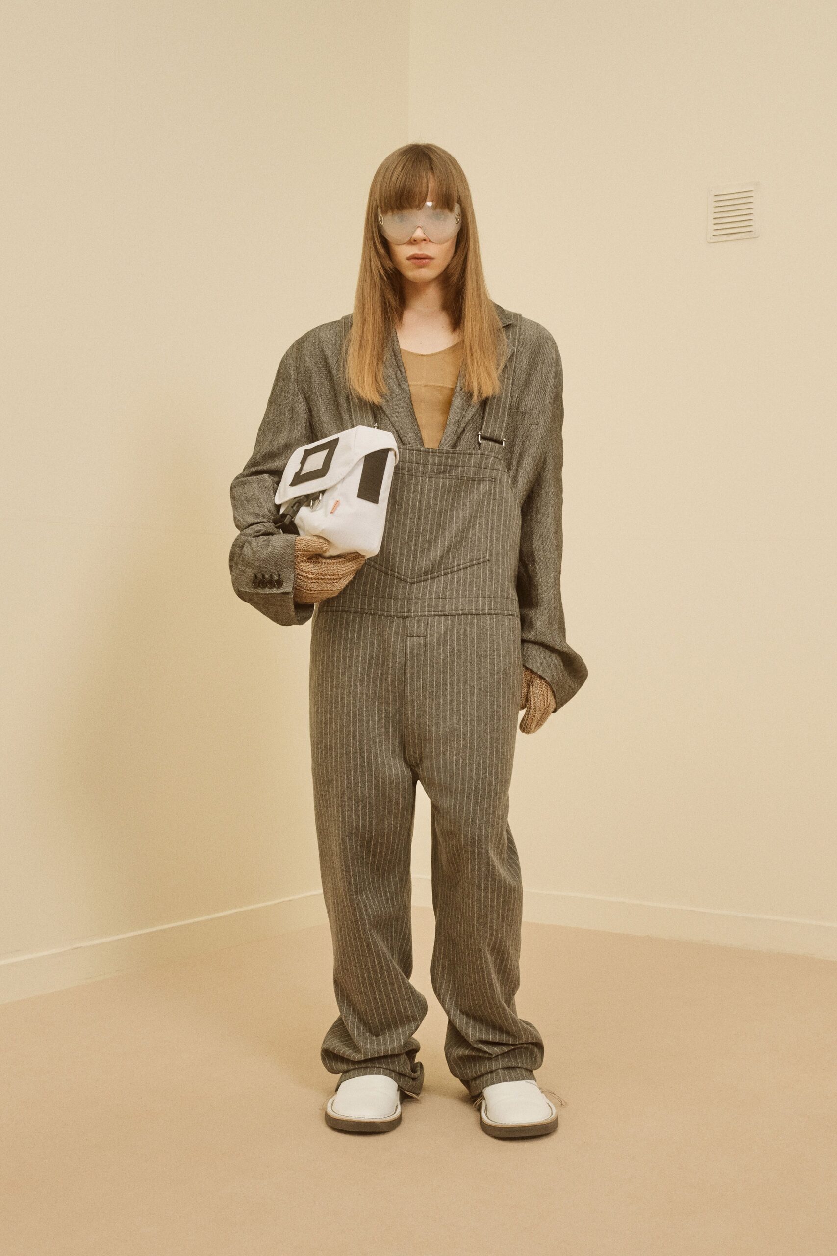 gray cotton long-sleeve collared relaxed zippered jumpsuit