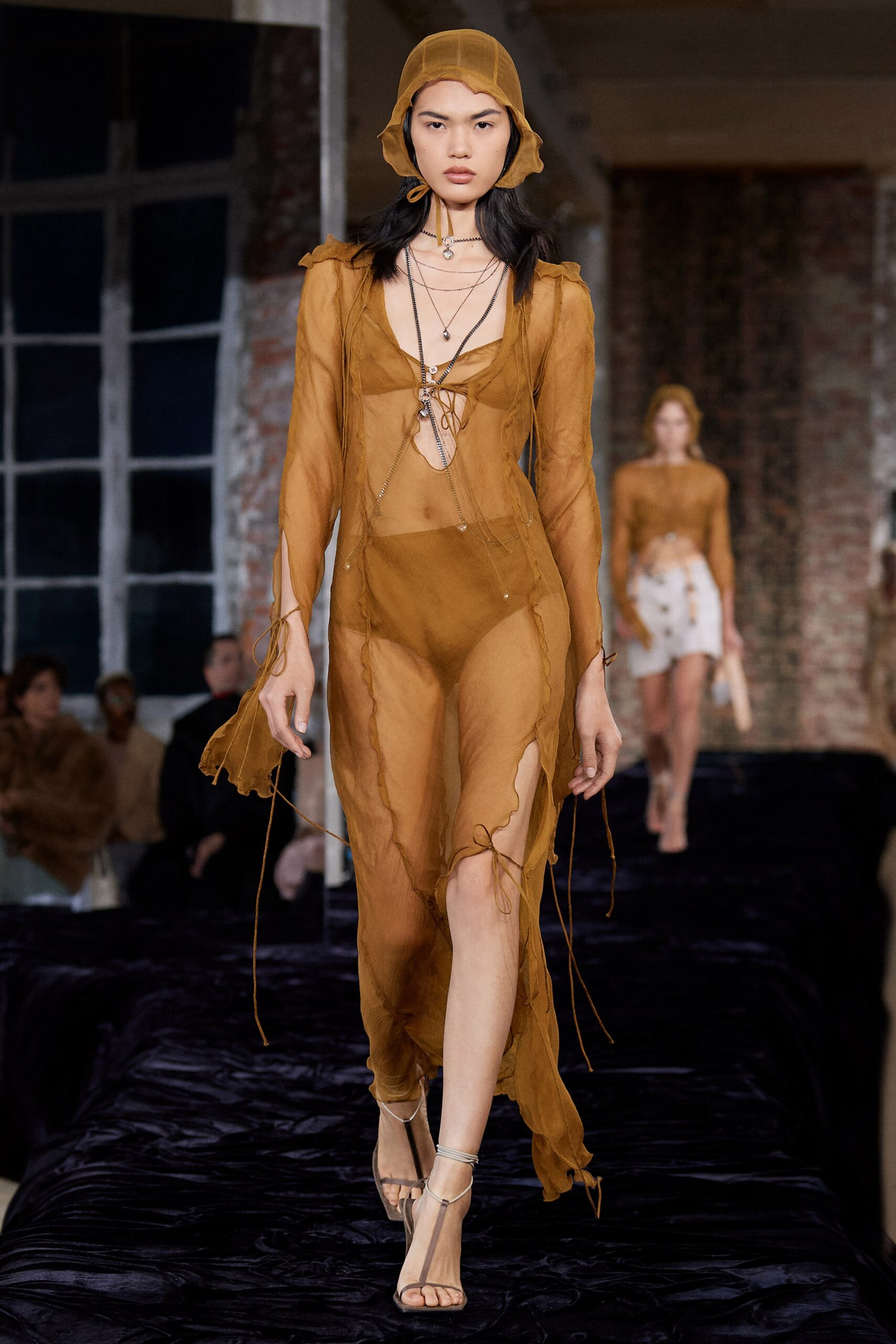 brown sheer silk dress and hat