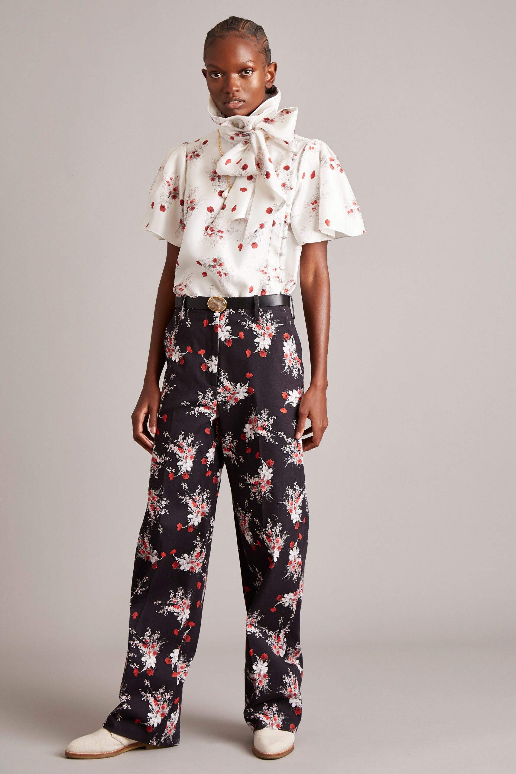 floral top and relaxed pants