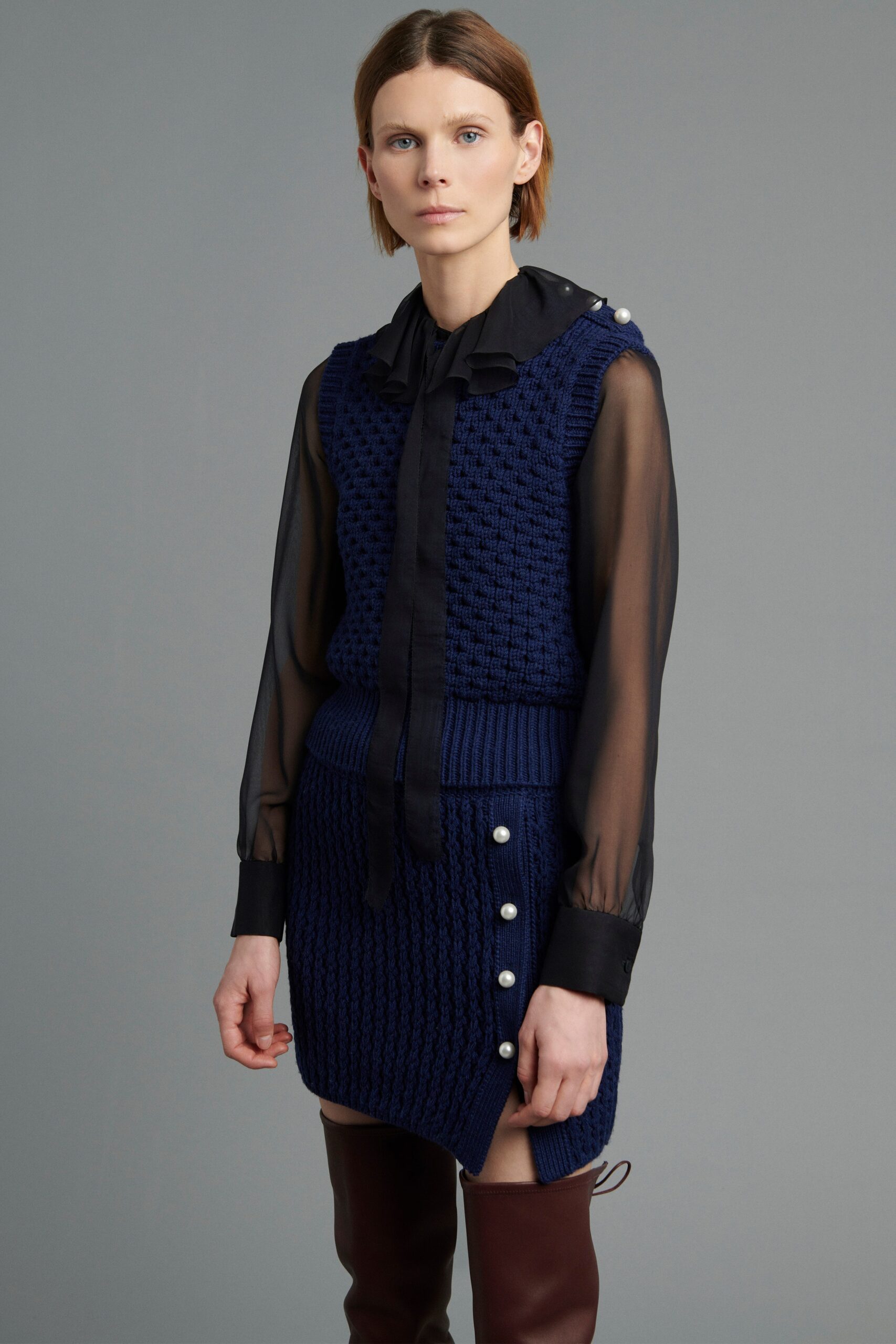 blue knit asymmetric fitted buttoned skirt