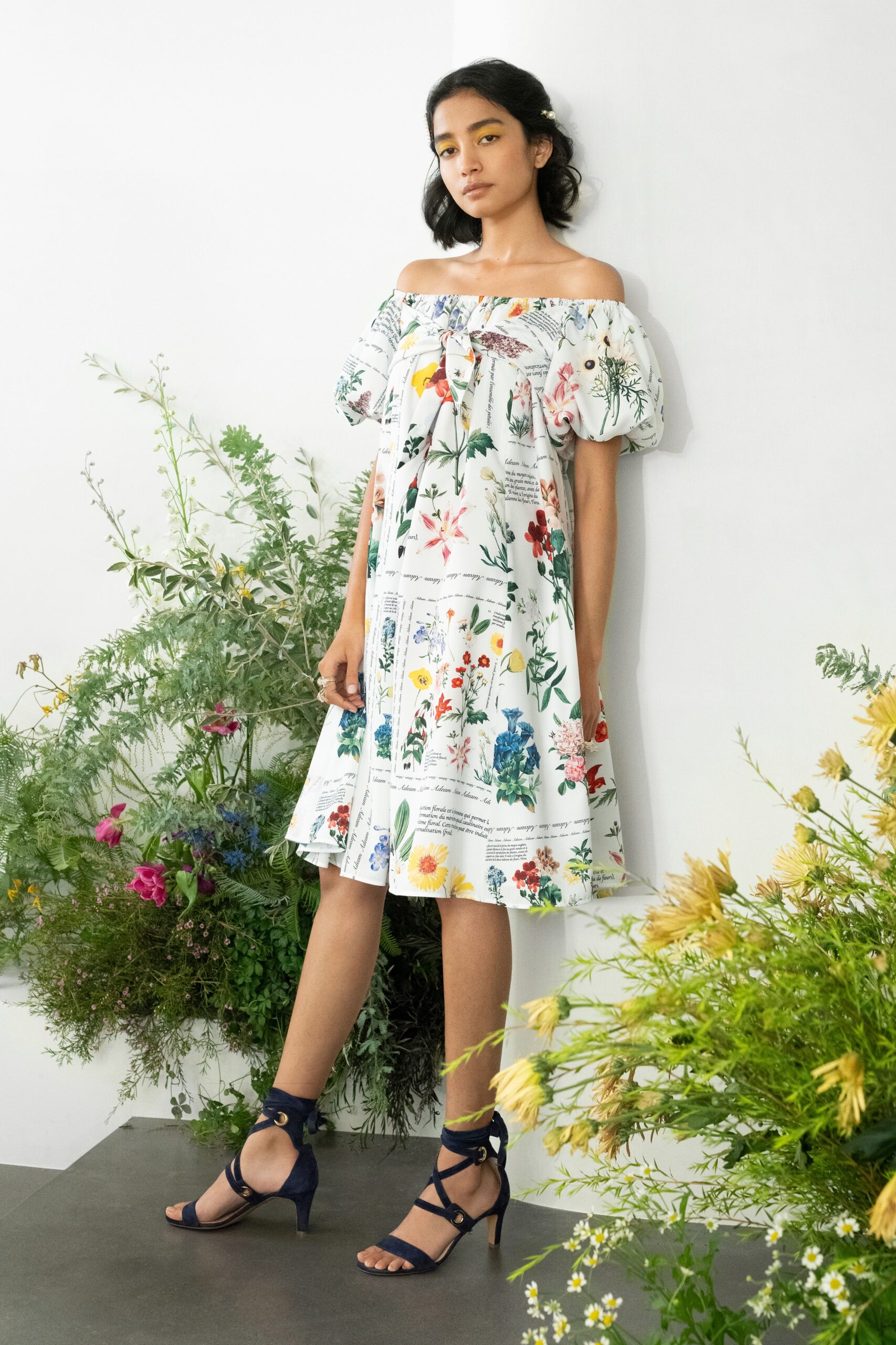 white cotton off-shoulder relaxed flared printed midi dress