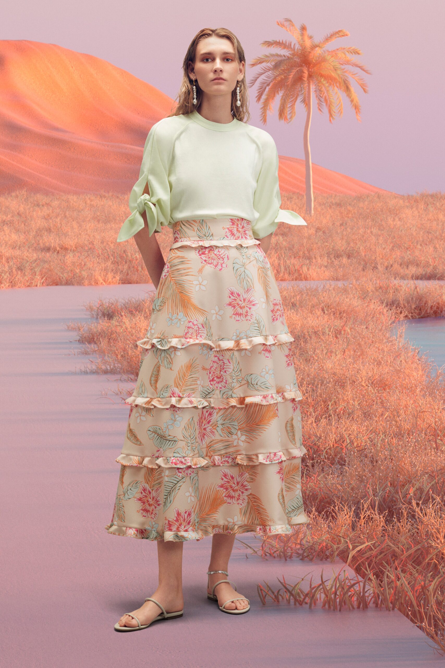 green cotton short-sleeve collared relaxed ruffled top