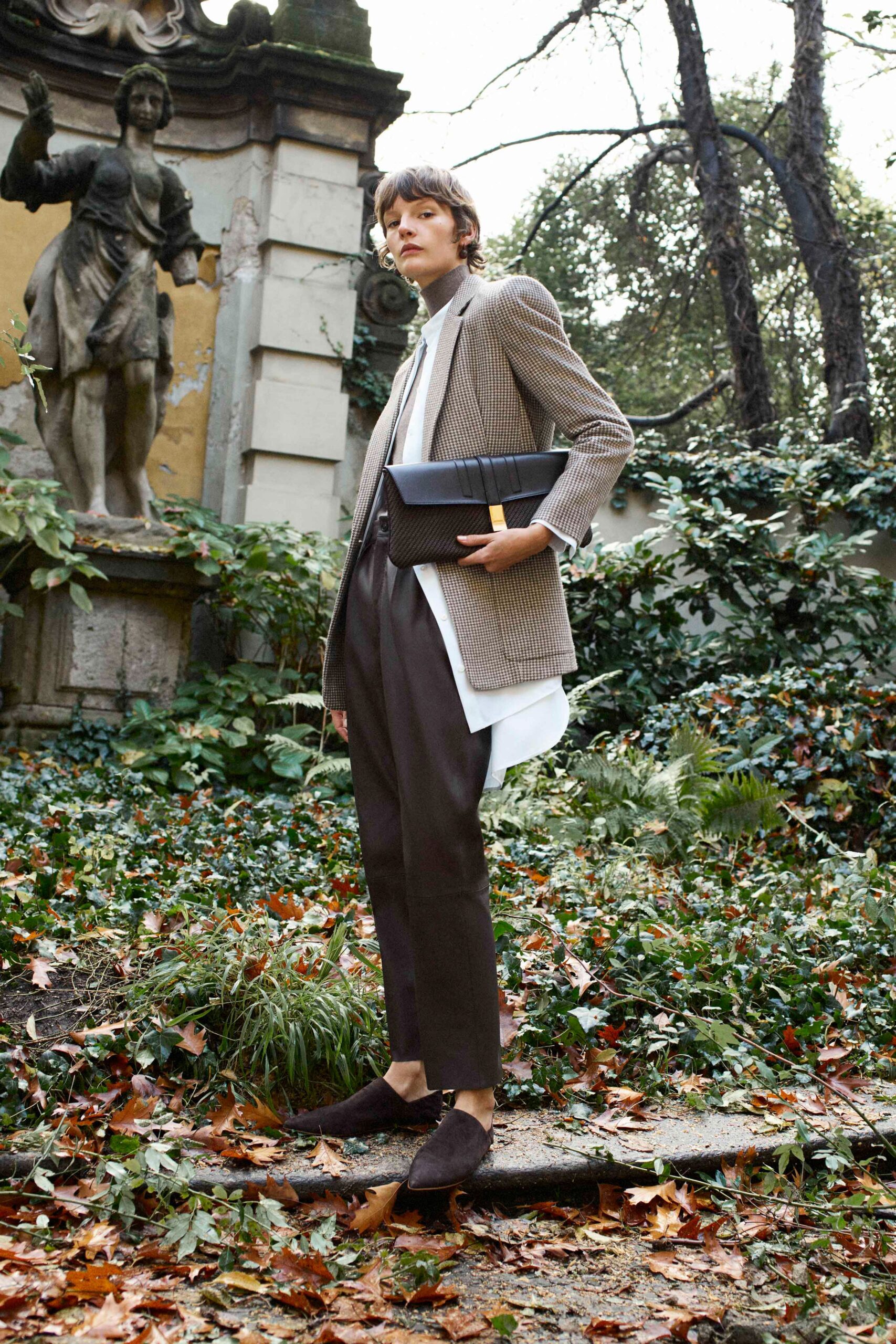 brown checked blazer with white shirt