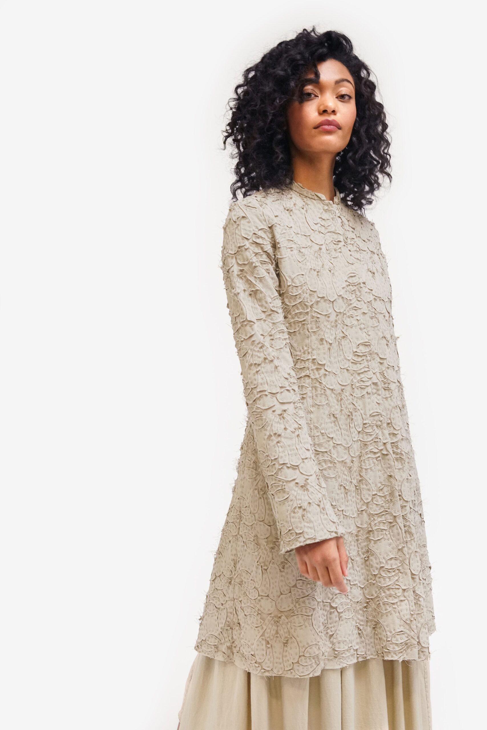 beige embroidered long-sleeve dress
