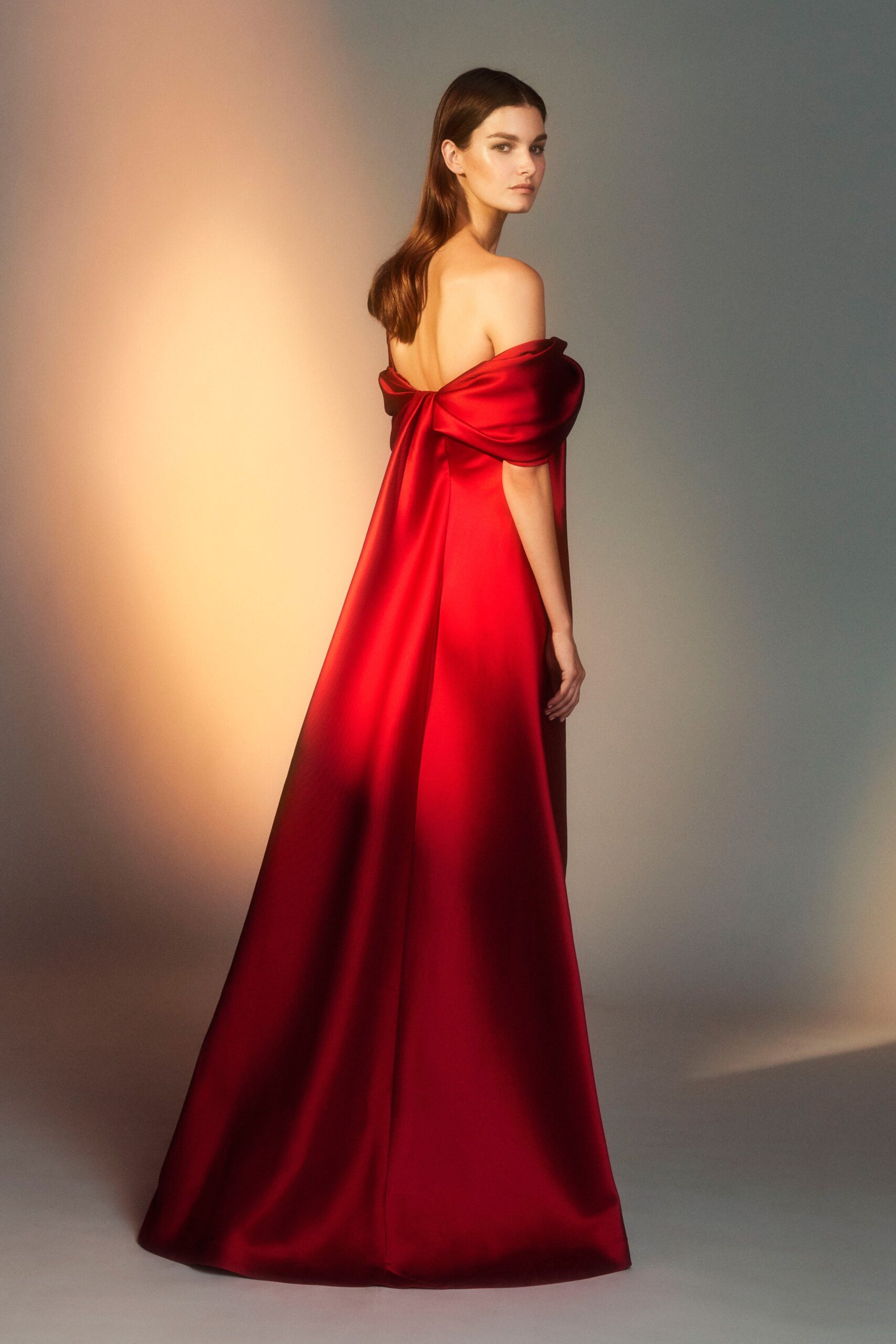 red silk off-shoulder gown