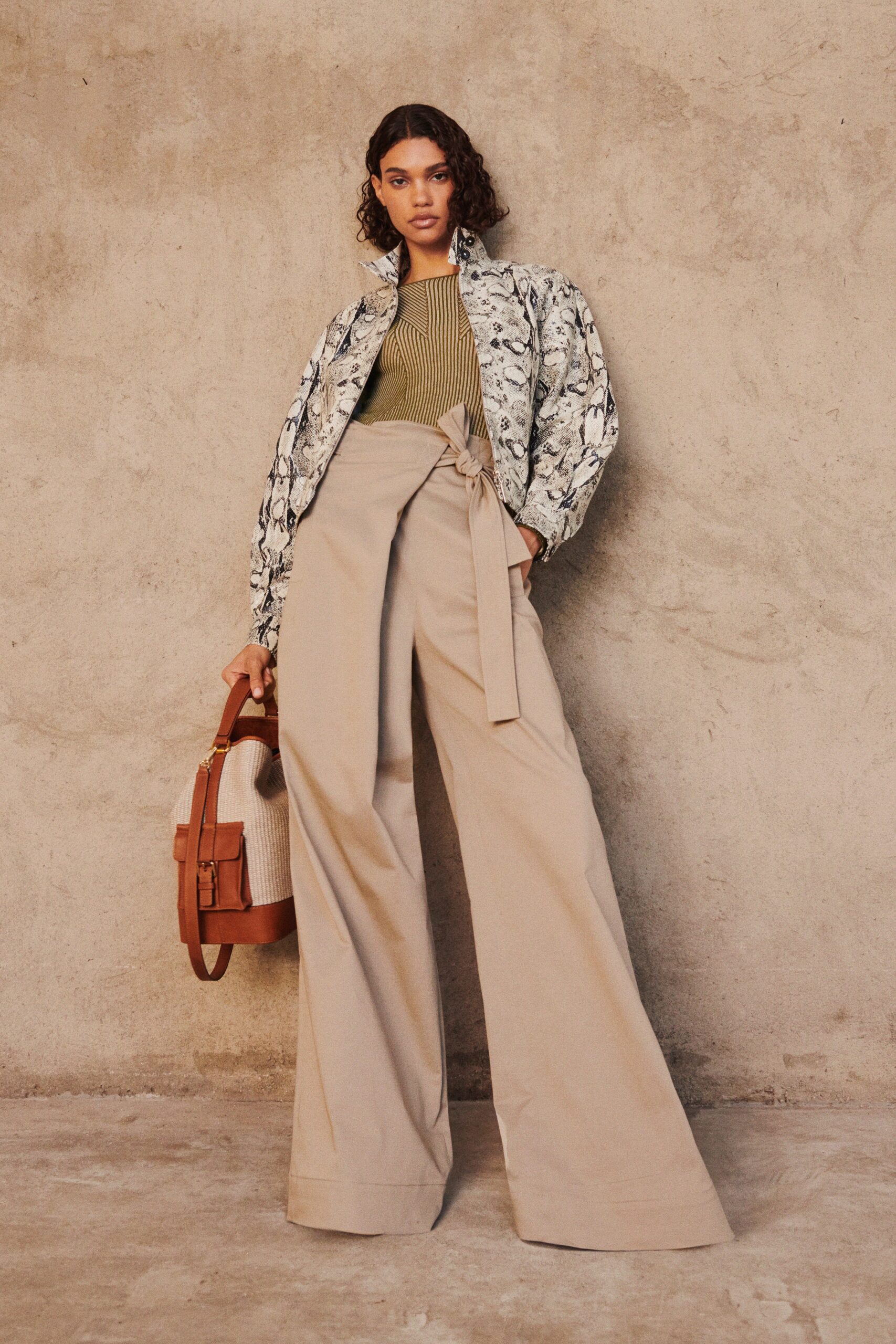 beige cotton tailored high-waisted wide-leg belted pants