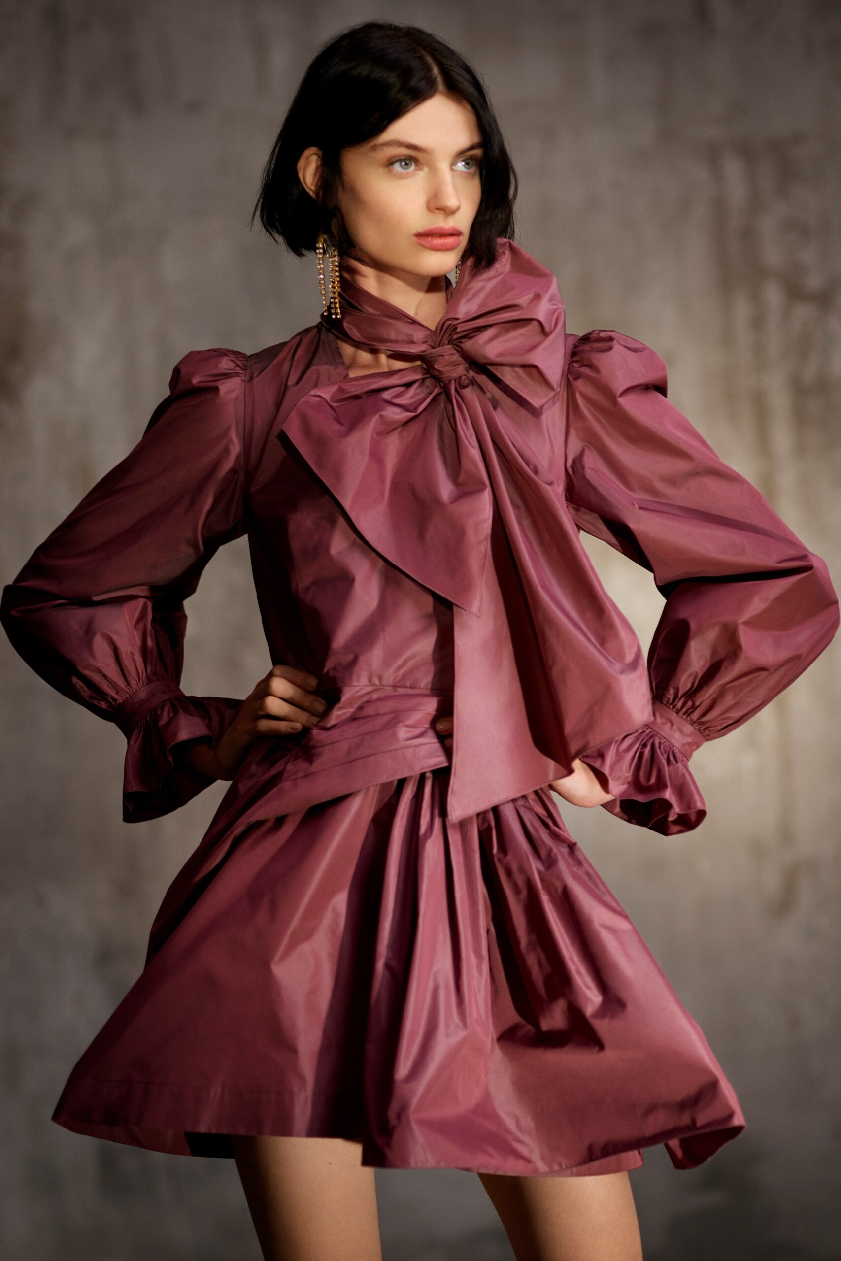 purple silk ruffled mini dress