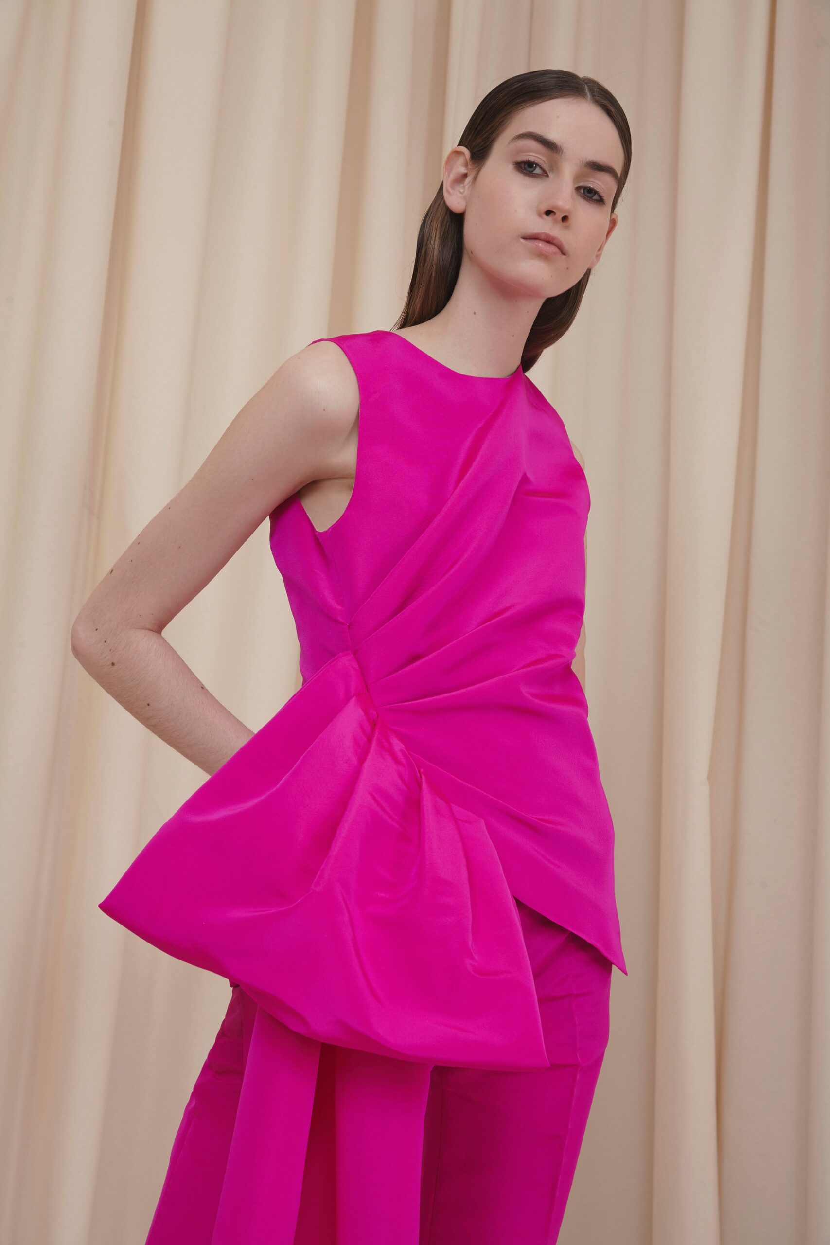 fitted pink silk top and pants