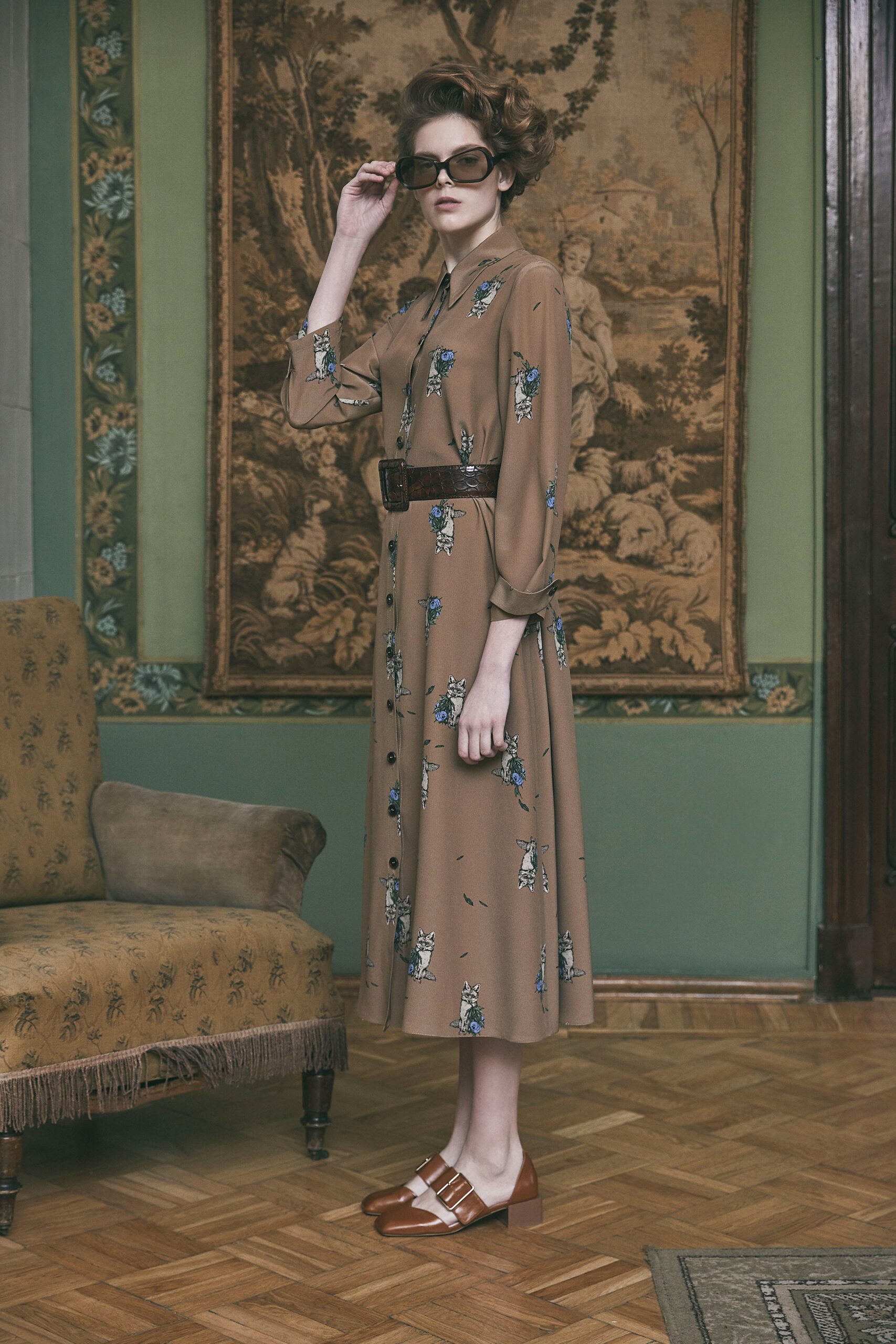 brown printed midi dress