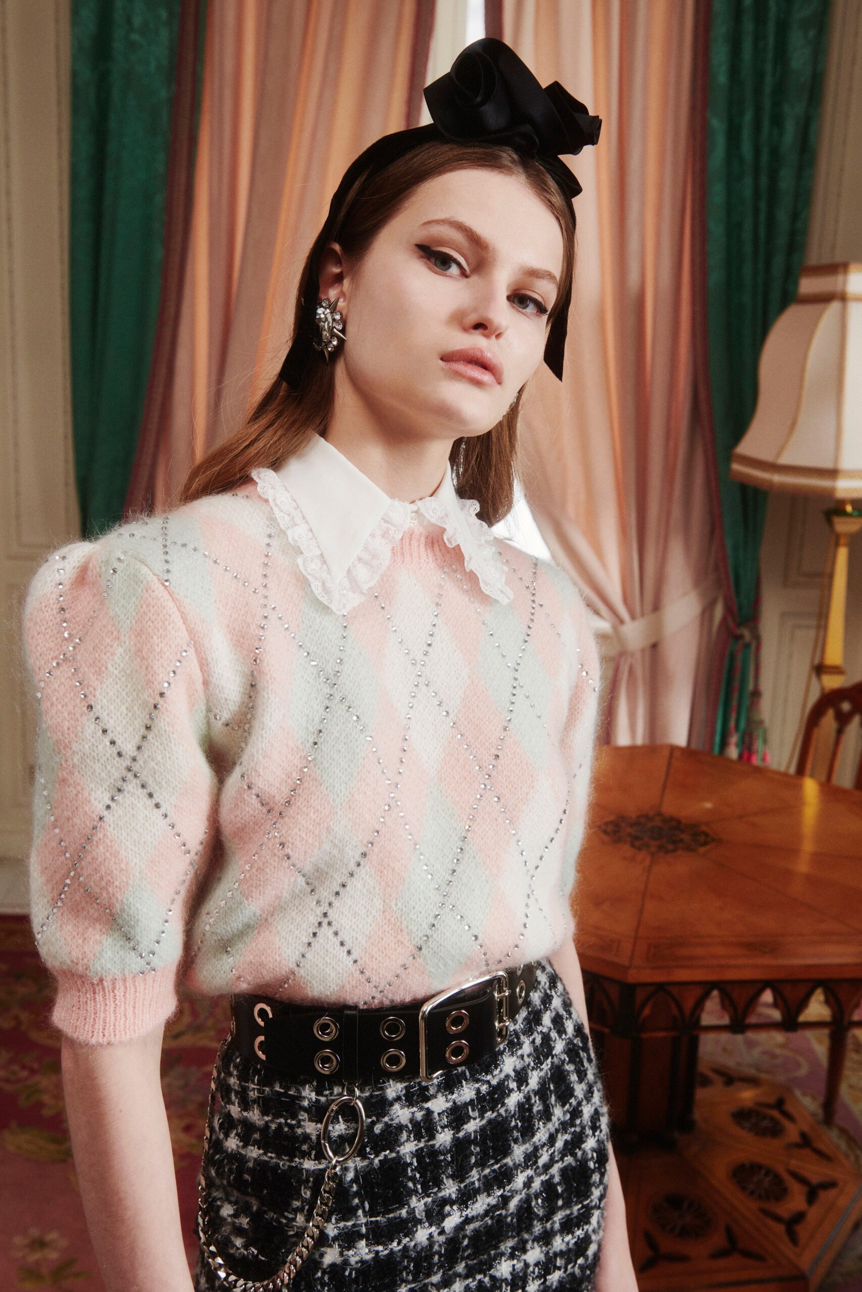 pink argyle top with pencil skirt