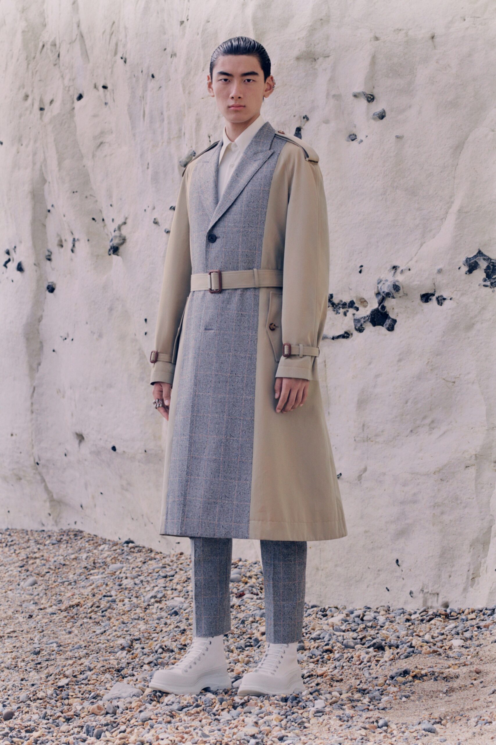 beige gray tailored trench coat