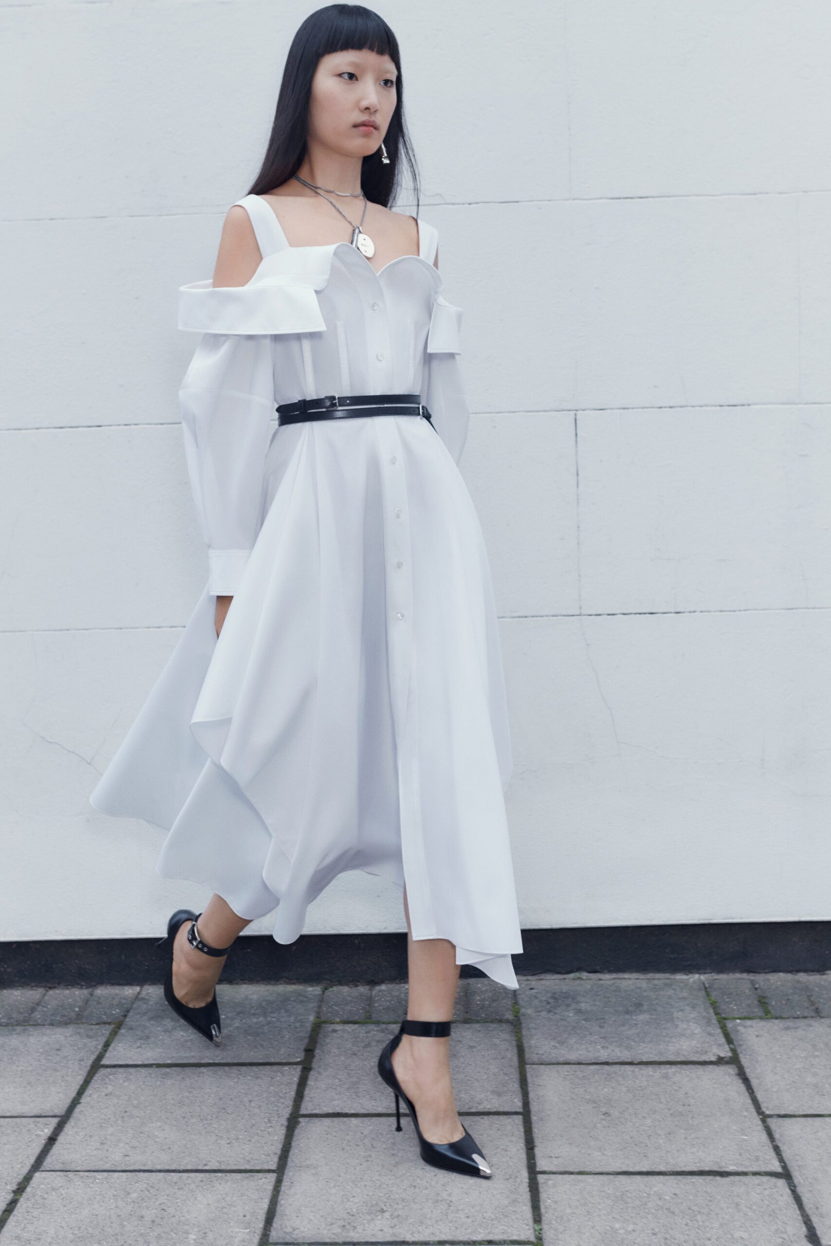 white off-shoulder midi dress