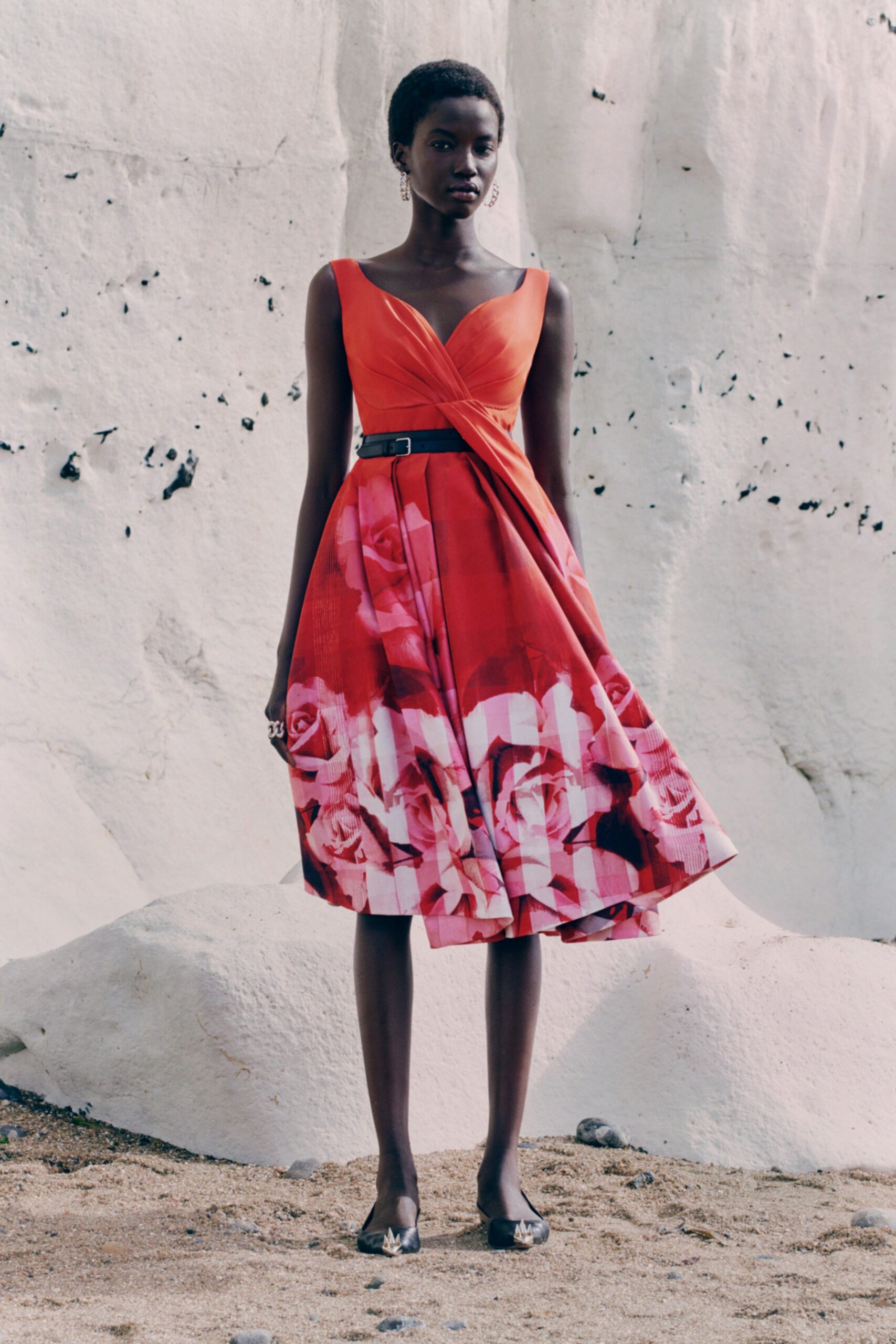 red and pink pleated midi dress