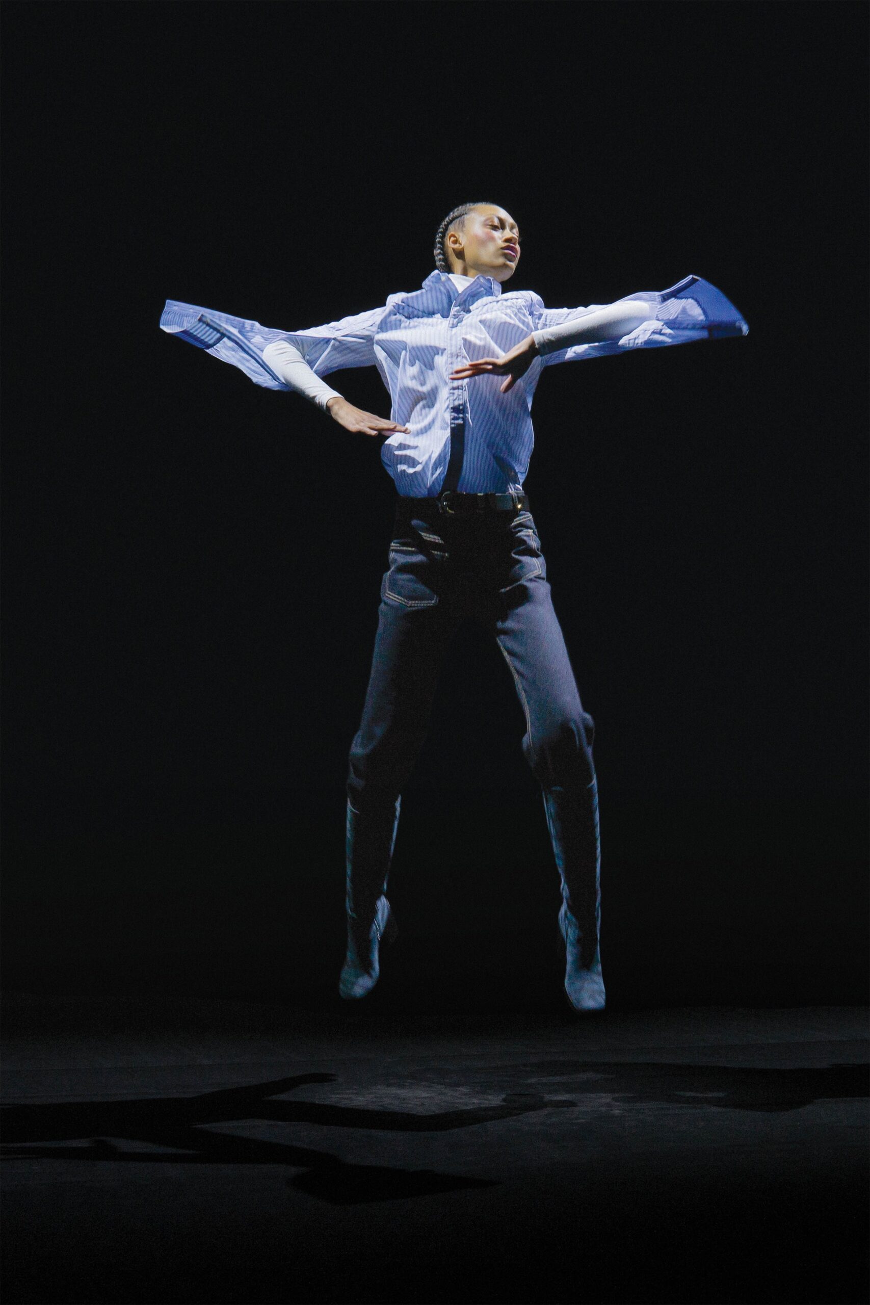 fitted blue and white shirt with slim black pants