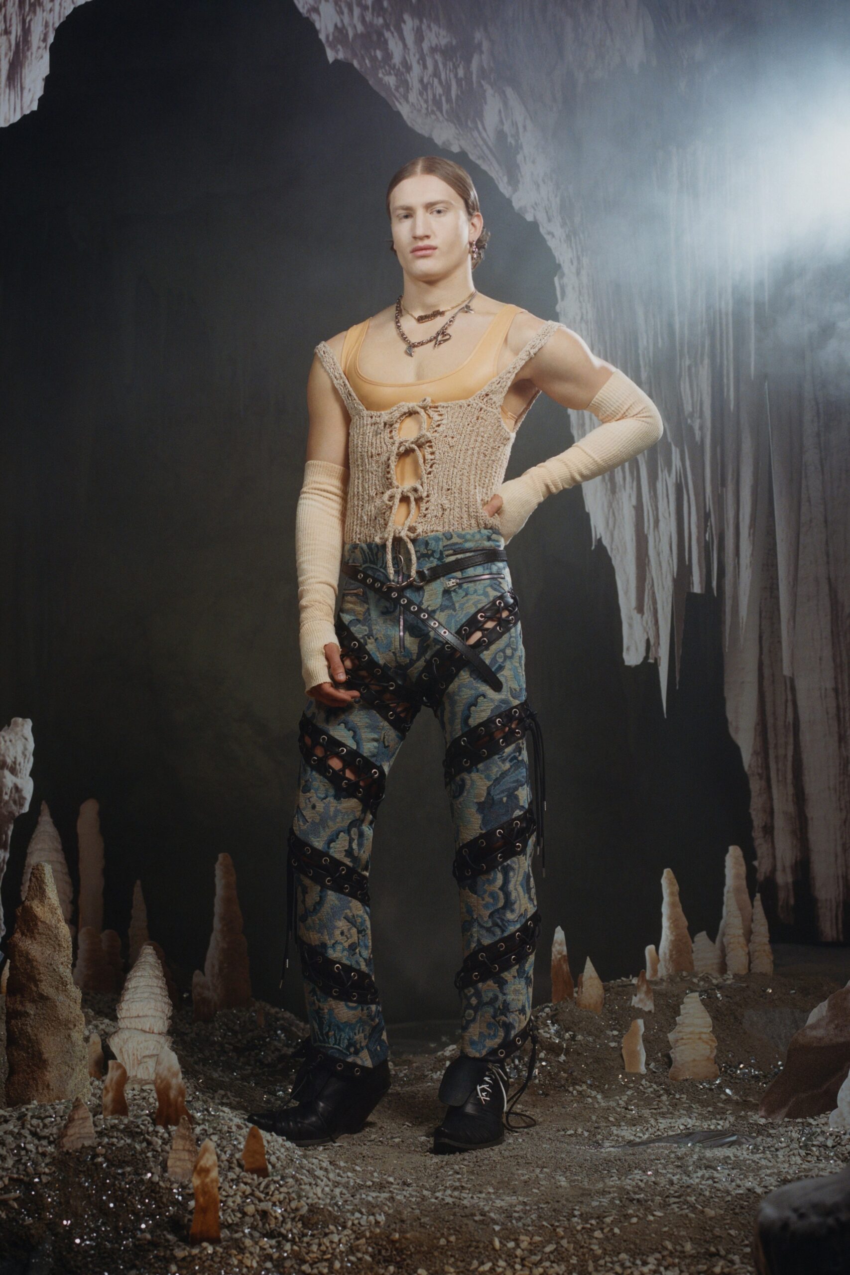 beige corset and blue pants