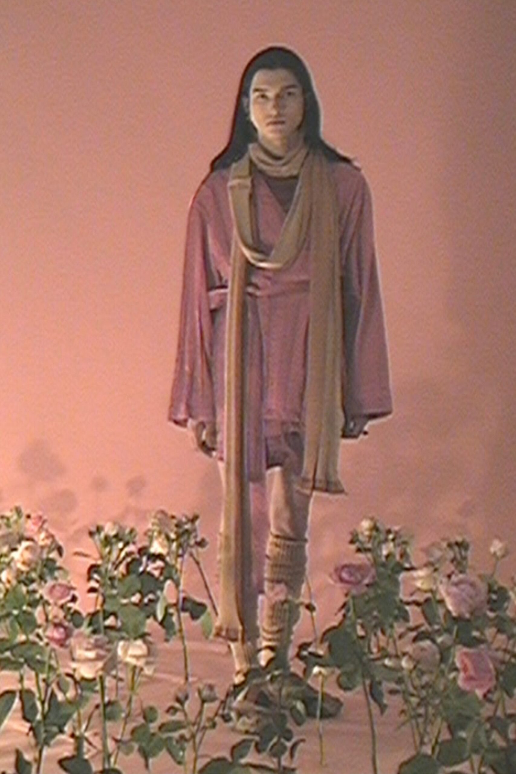 pink silk long-sleeve v-neck relaxed layered flowing dress