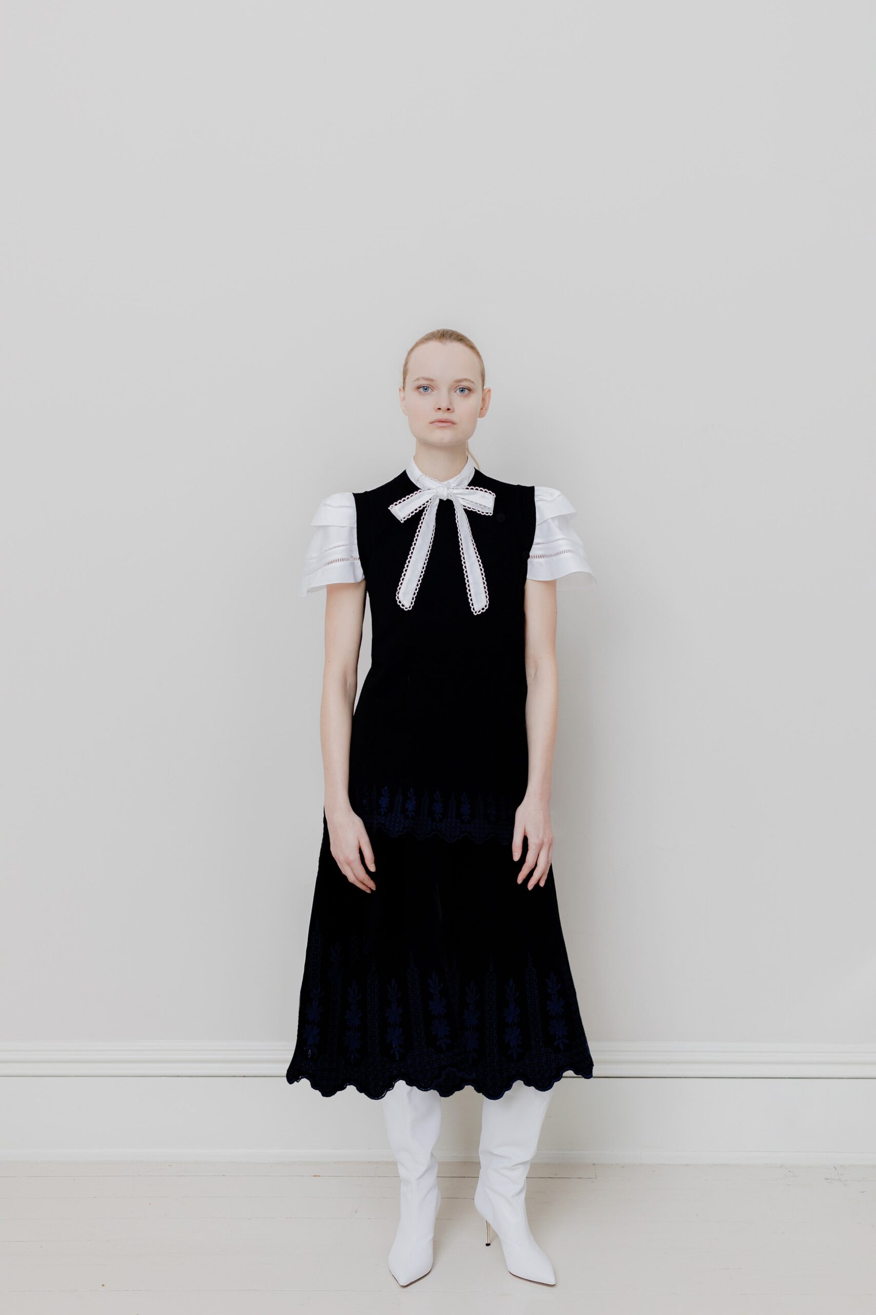 black midi dress with white blouse
