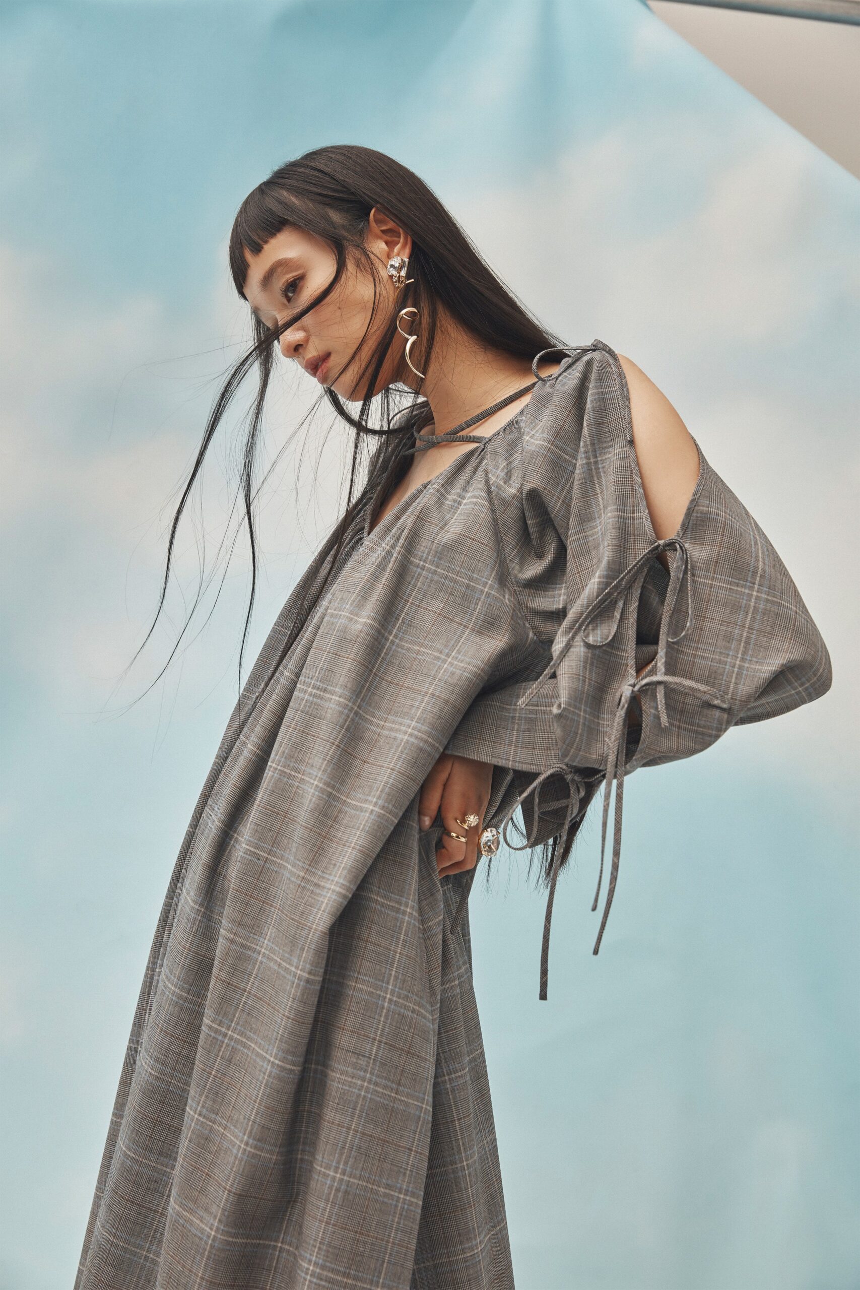 gray checked off-shoulder dress