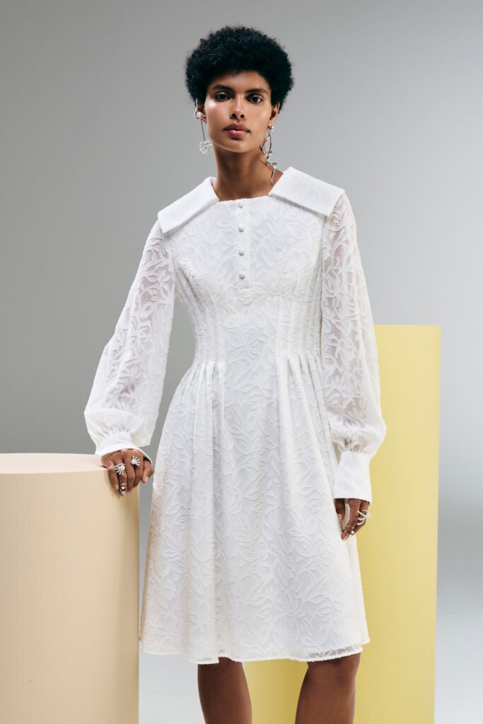 A fitted white embroidered long-sleeve dress with a collared neckline and A-line silhouette.