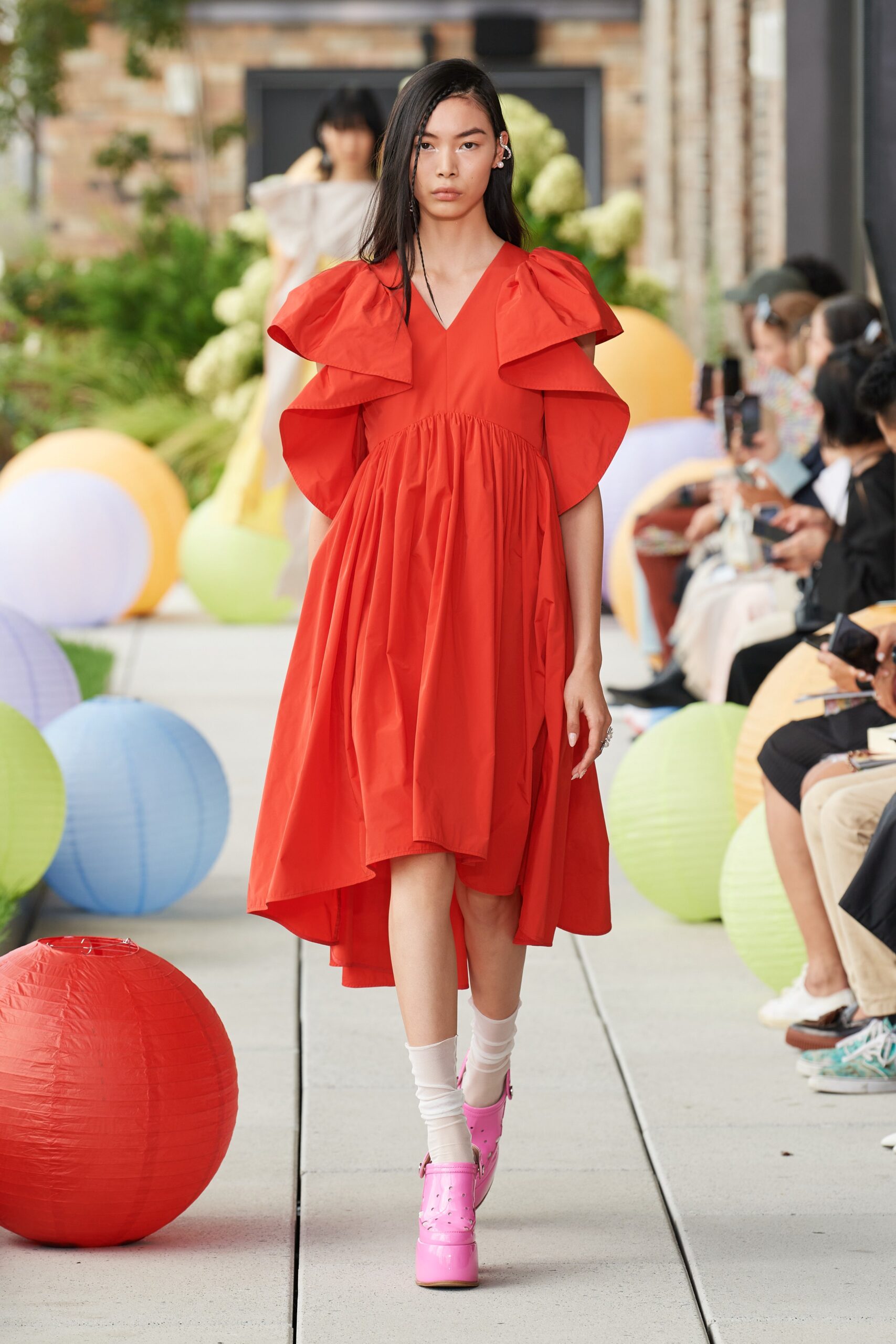 red pleated midi dress