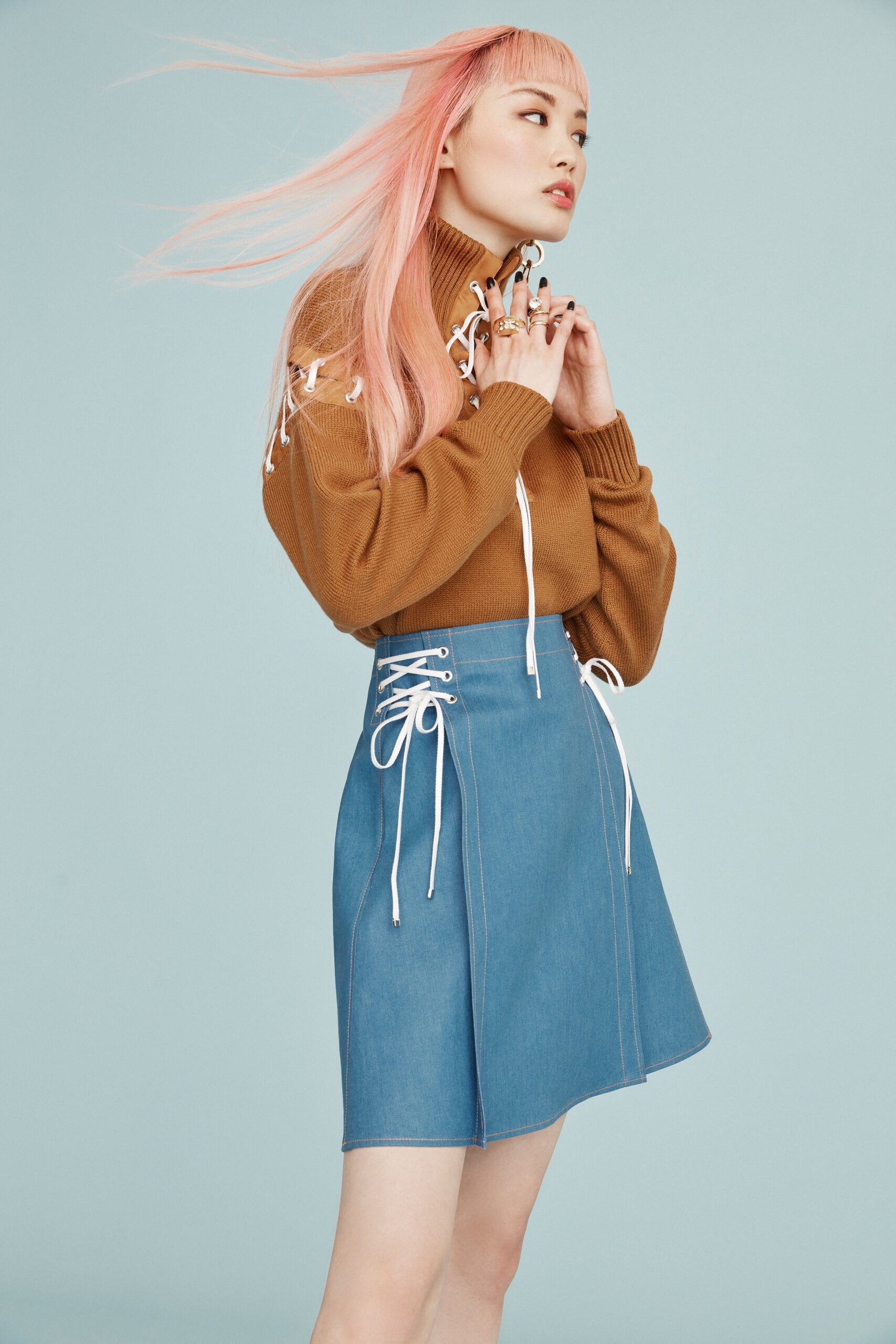 brown wool sweater and blue denim skirt