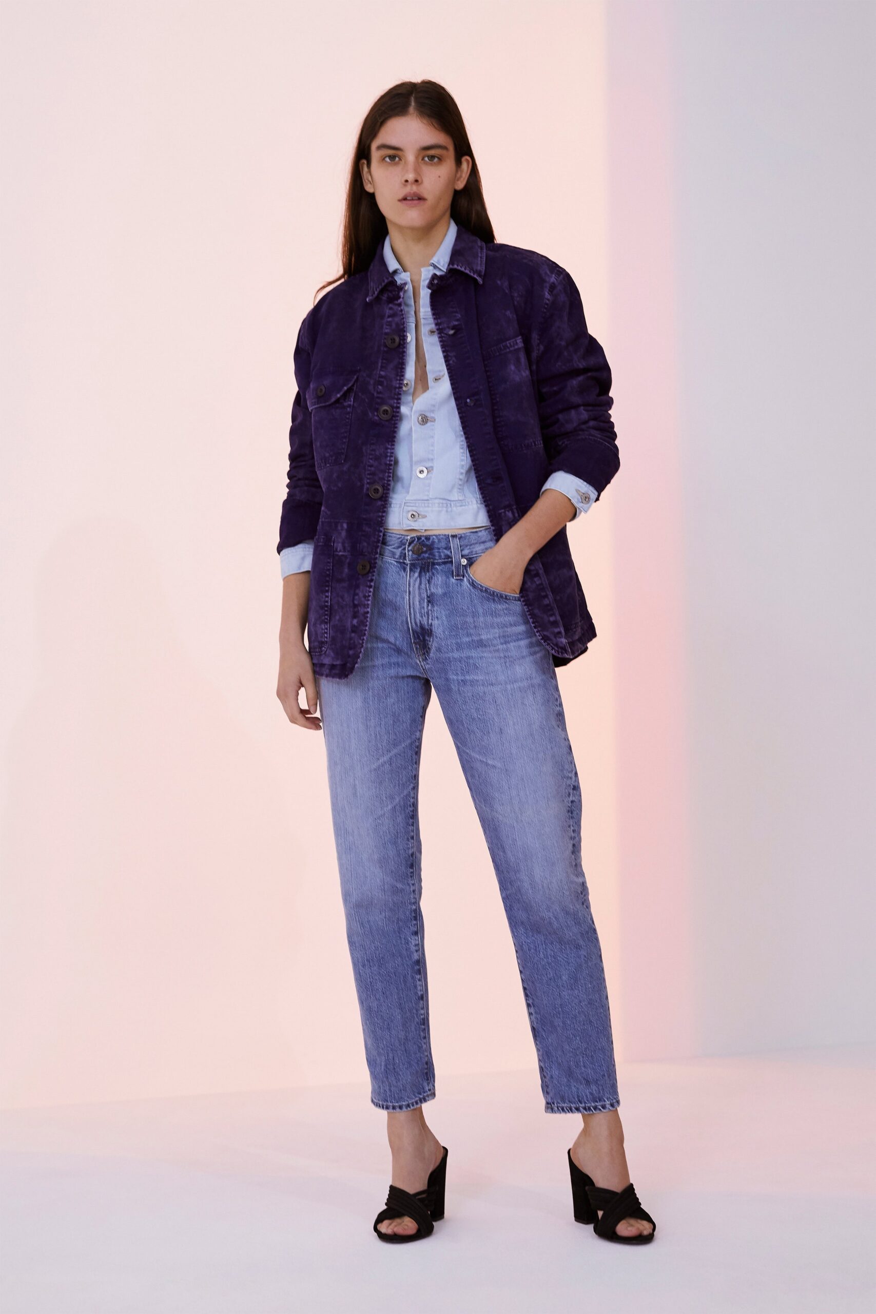 purple denim jacket with jeans