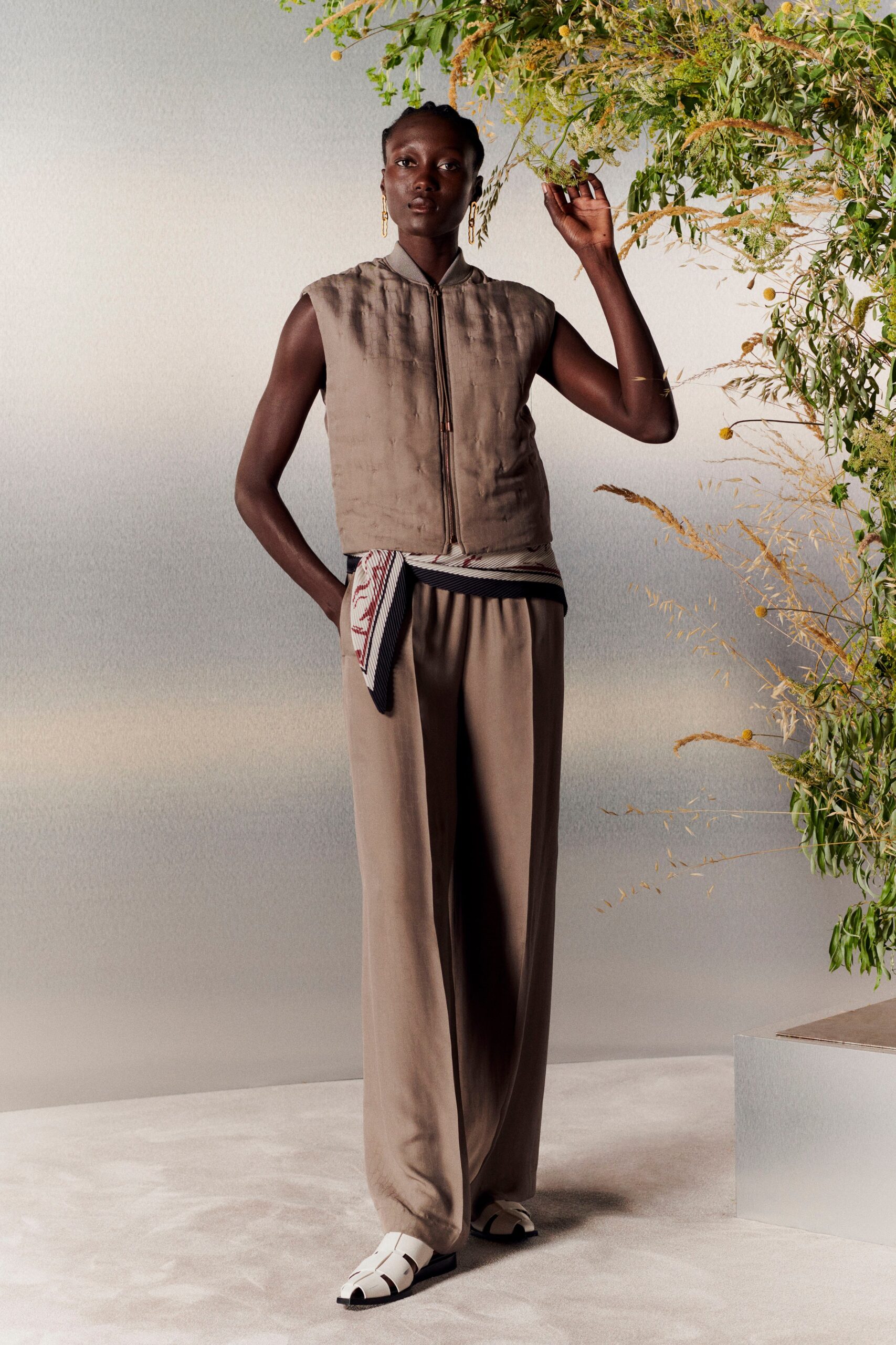 beige silk relaxed top and pants