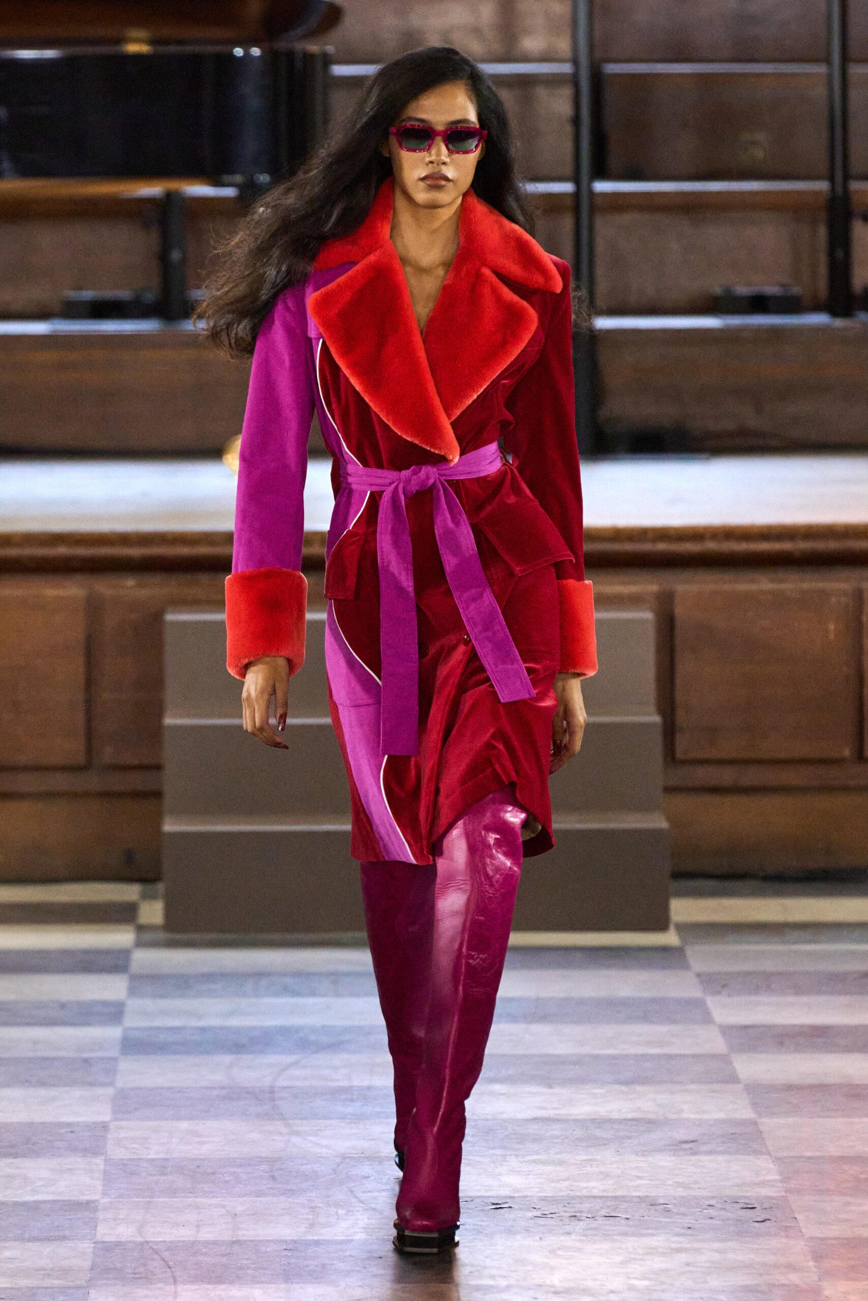 red velvet long-sleeve collared fitted belted color-blocked coat