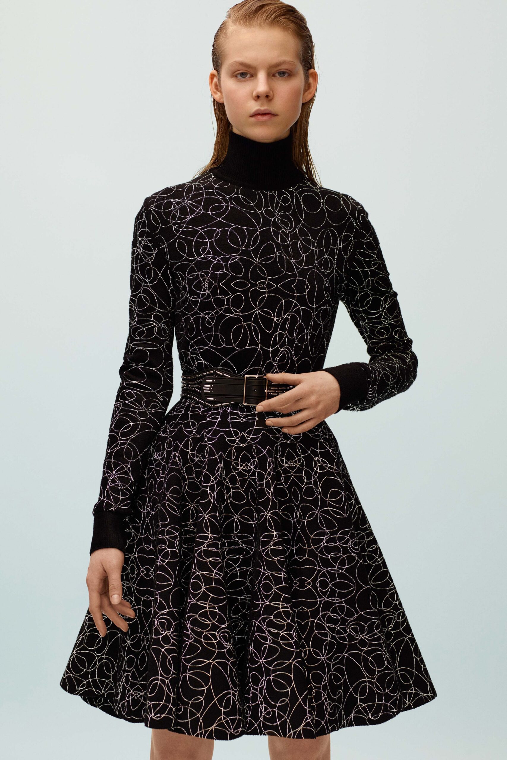 black silk long-sleeve dress