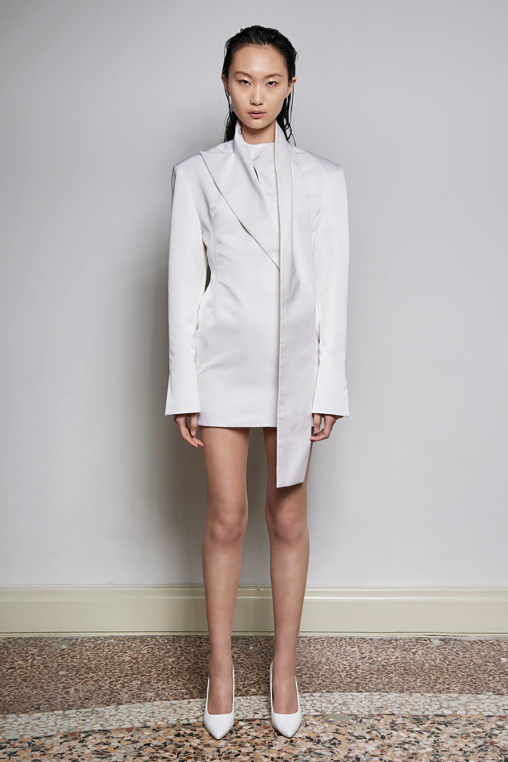 white fitted asymmetric blazer